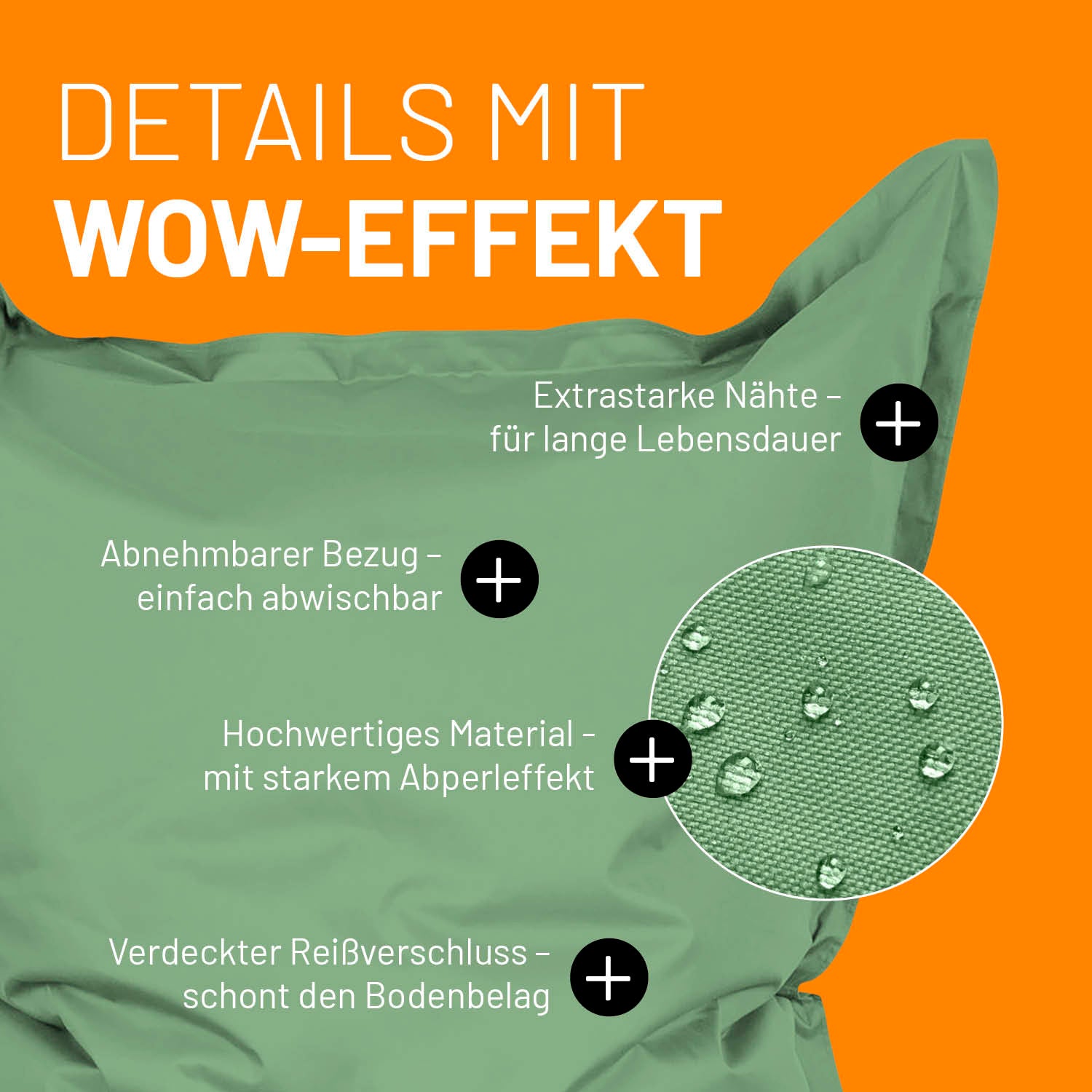 Pastellgrüner Sitzsack im Detail mit Informationen zu "Abwischbarer Bezug", "Verdeckter Reißverschluss" und "Extrastarke Nähte".