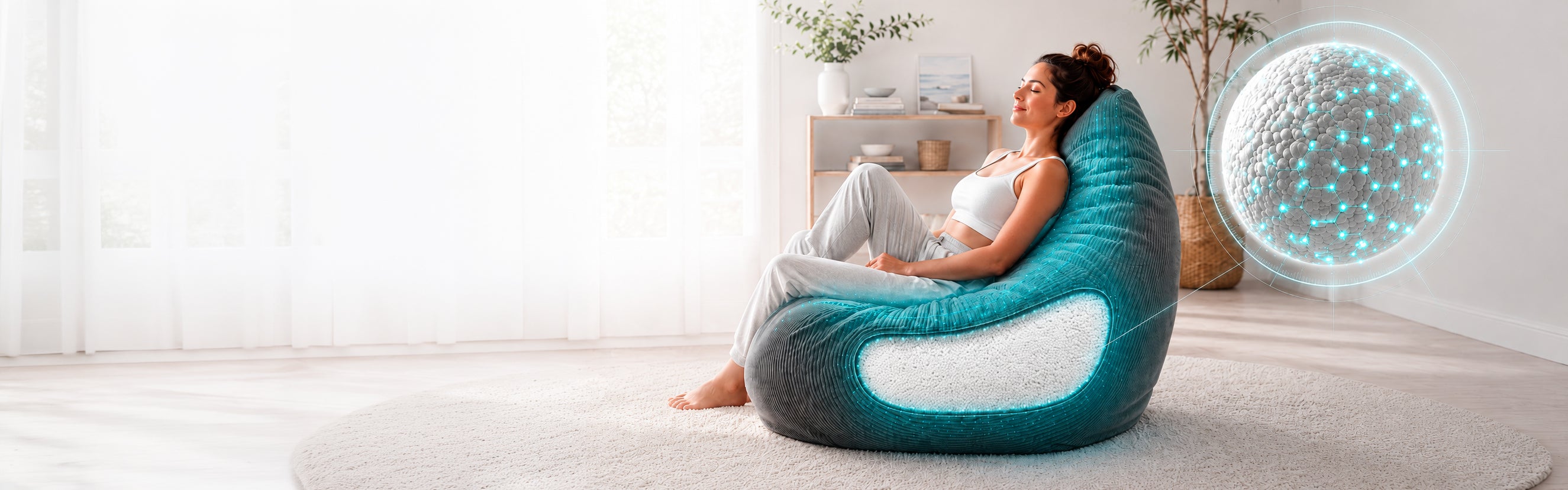 Eine Frau entspannt auf einem grauen Sitzsack. Eine vergrößerte Darstellung zeigt die weißen EPS-Perlen im Inneren, die sich flexibel an den Körper anpassen.