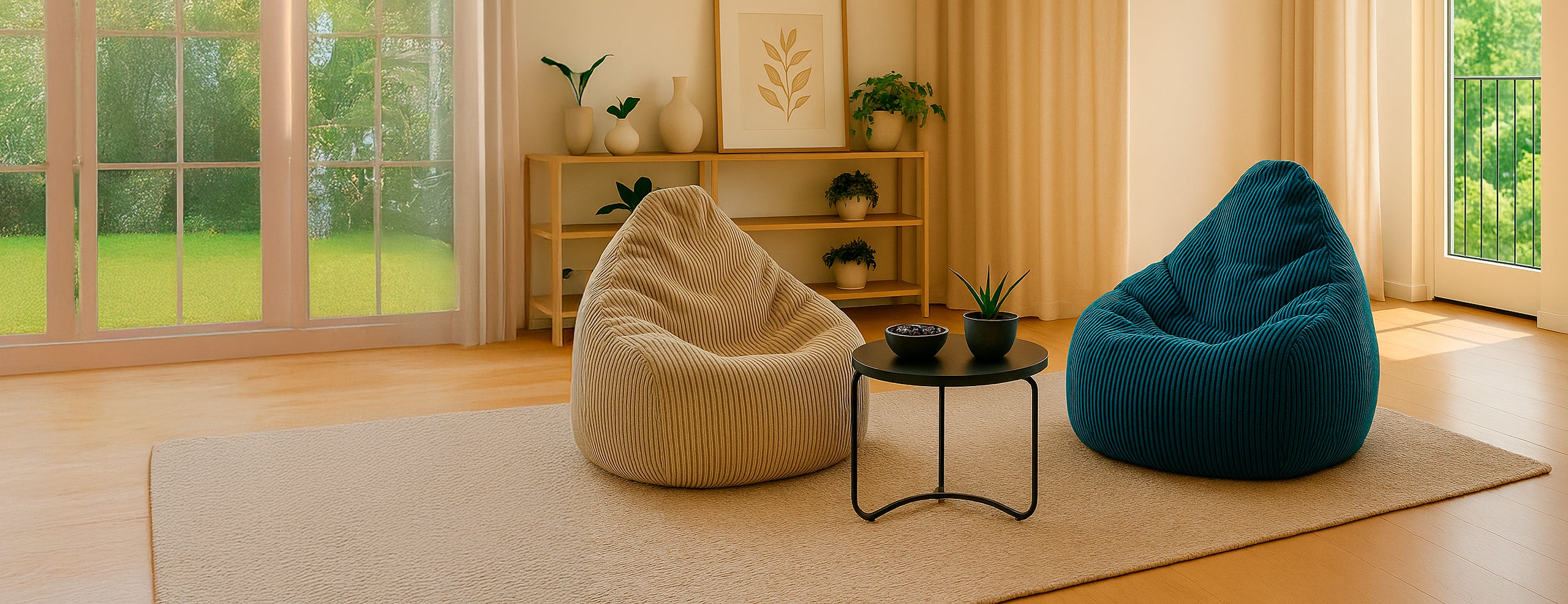 LUMALAND Giant Cord Sitzsack in Navy und Beige in einem modernen lichtdurchfluteten Wohnzimmer im Beige/braunen Stil mit Pflanzen.