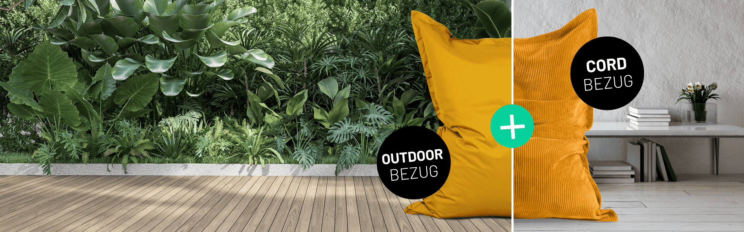 Zwei Sitzsäcke in senfgelb mit Bezügen: links Outdoor vor Pflanzenwand, rechts Cord in Innenraum mit Bücherregal. "+"-Symbol verbindet beide.