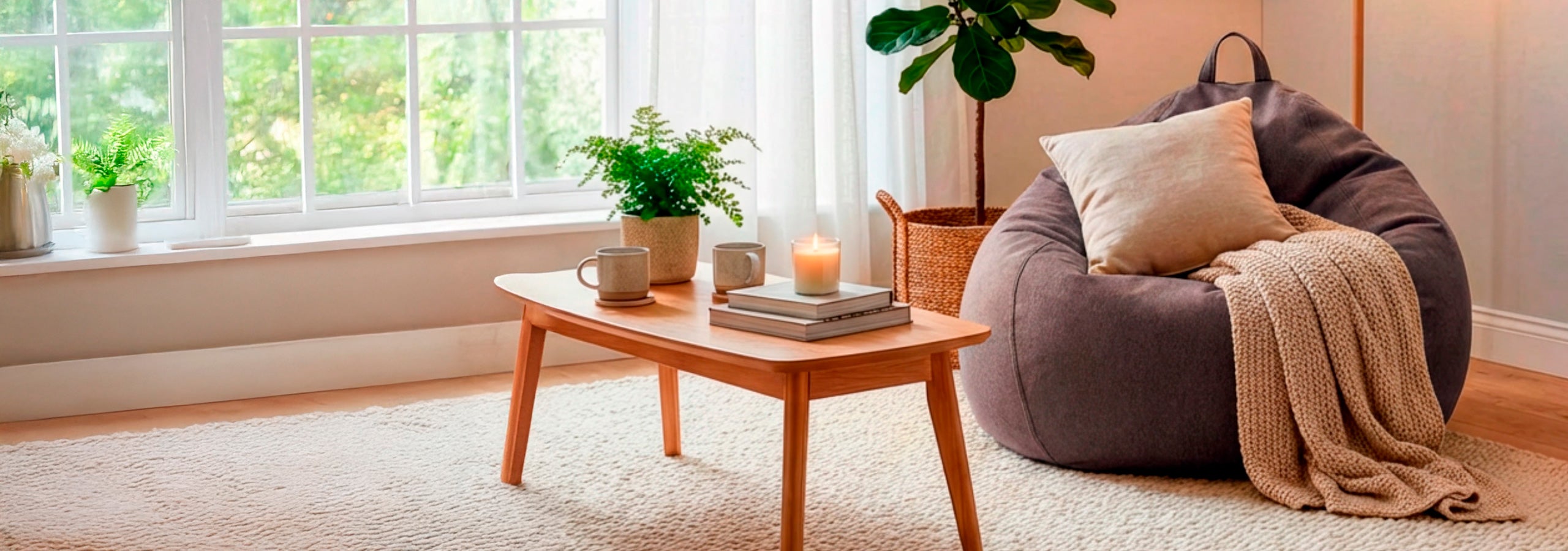 Dunkelgrauer Comfort Line Sitzsack mit Kissen und Decke in gemütlichem Wohnzimmer, neben Beistelltisch, Pflanze und Stehlampe auf hellem Teppich.