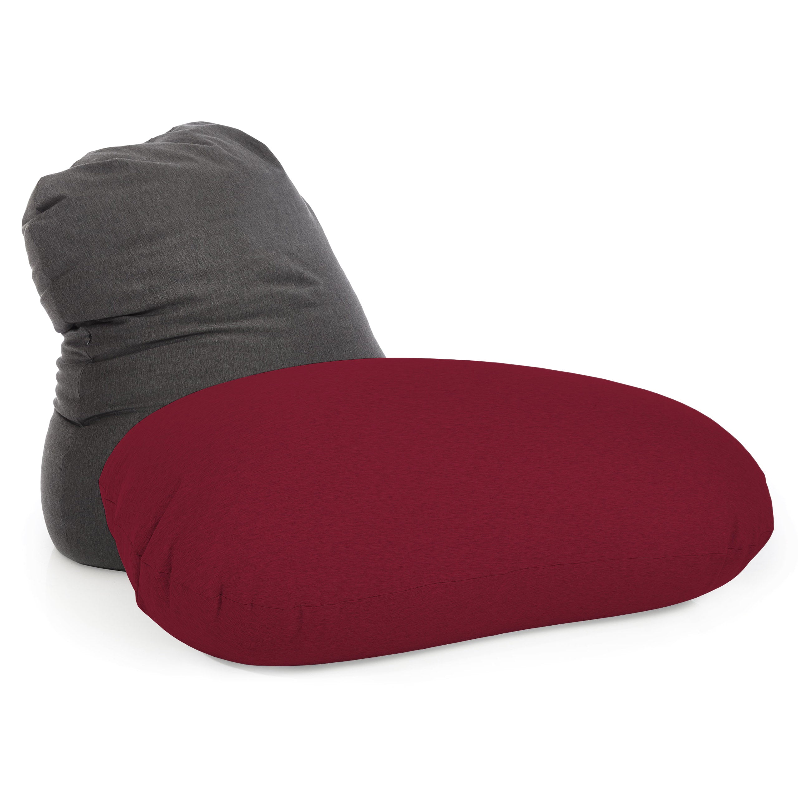 Anpassbarer Flexi Comfort Sitzsack in Dunkelgrau und in Rot als Liegekissen vor weißem Hintergrund.