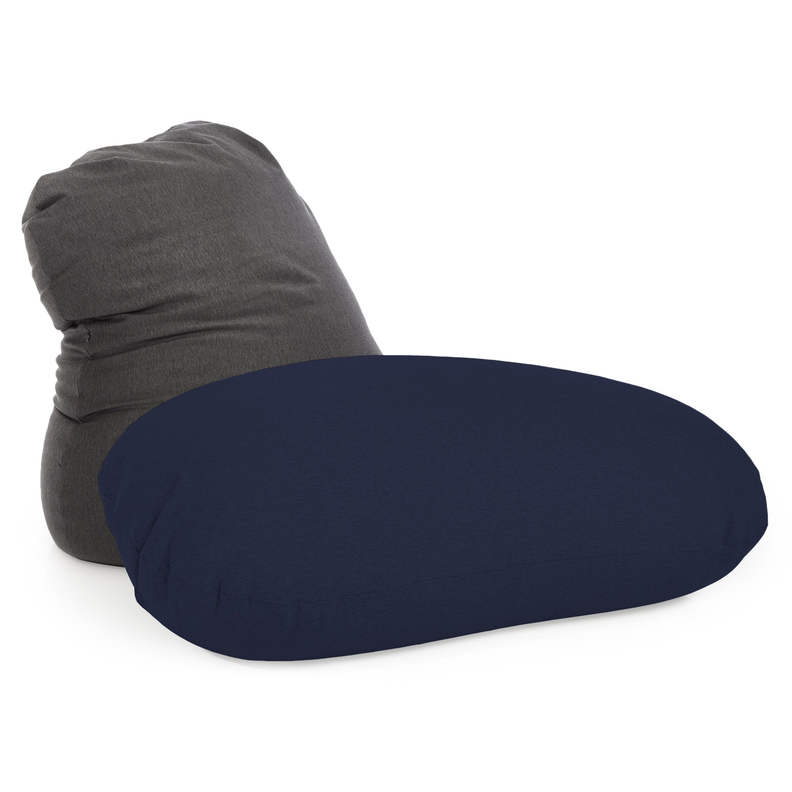 Anpassbarer Flexi Comfort Sitzsack in Dunkelgrau und in Navyblau als Liegekissen vor weißem Hintergrund.