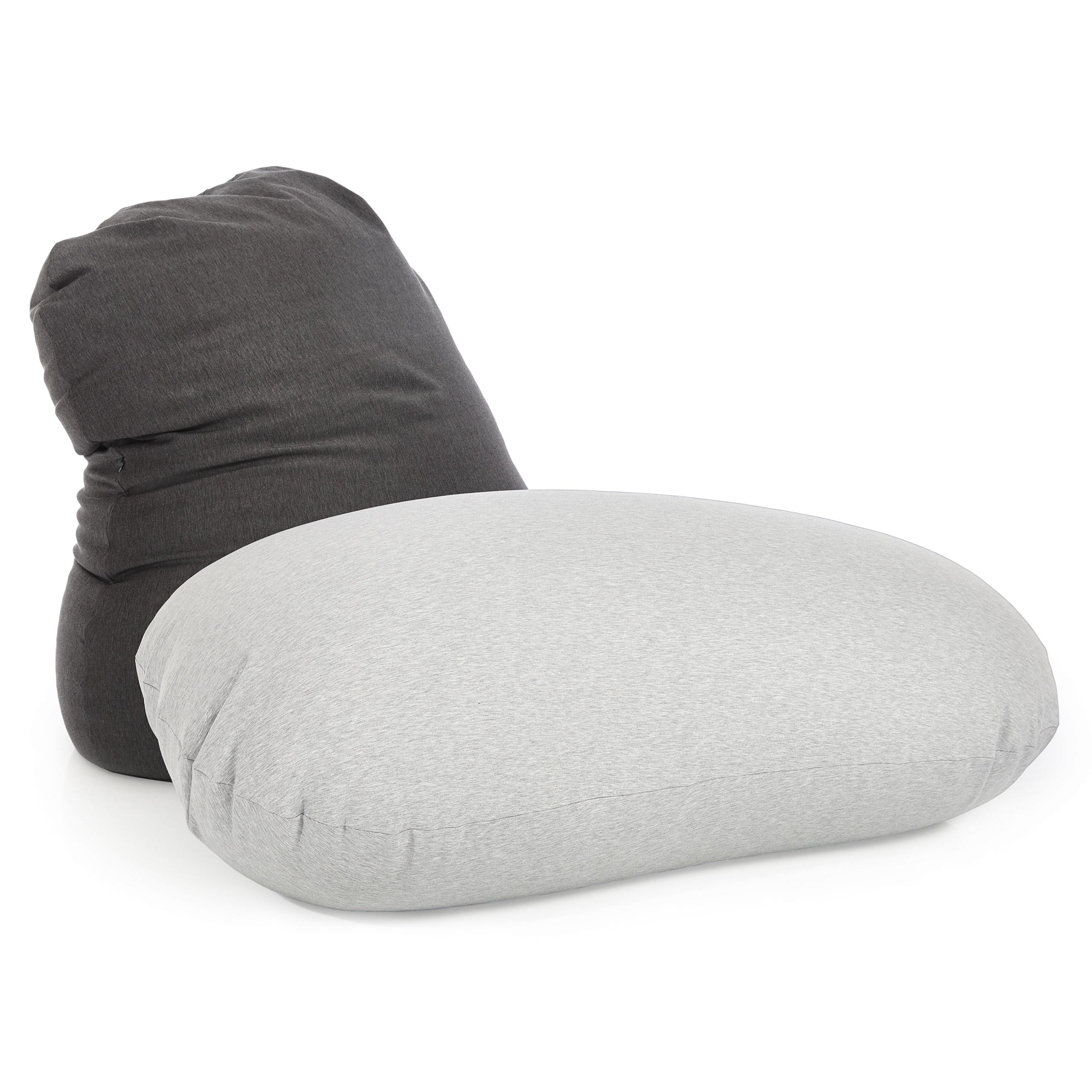 Anpassbarer Flexi Comfort Sitzsack in Dunkelgrau und in Hellgrau als Liegekissen vor weißem Hintergrund.