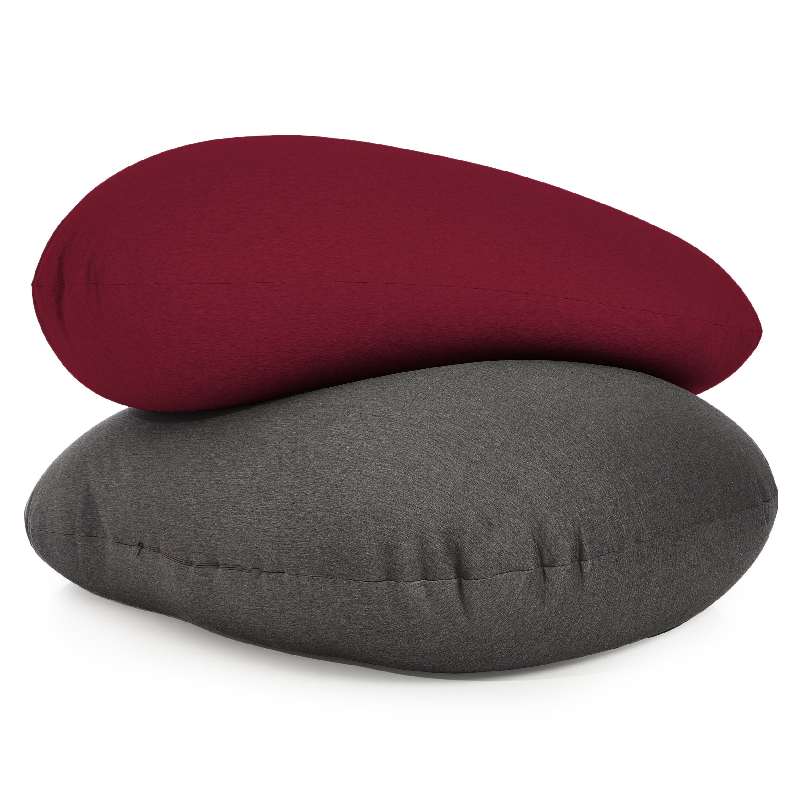 Zwei Flexi Comfort Sitzsäcke aufeinander gelegt, unten Dunkelgrau und oben Rot.