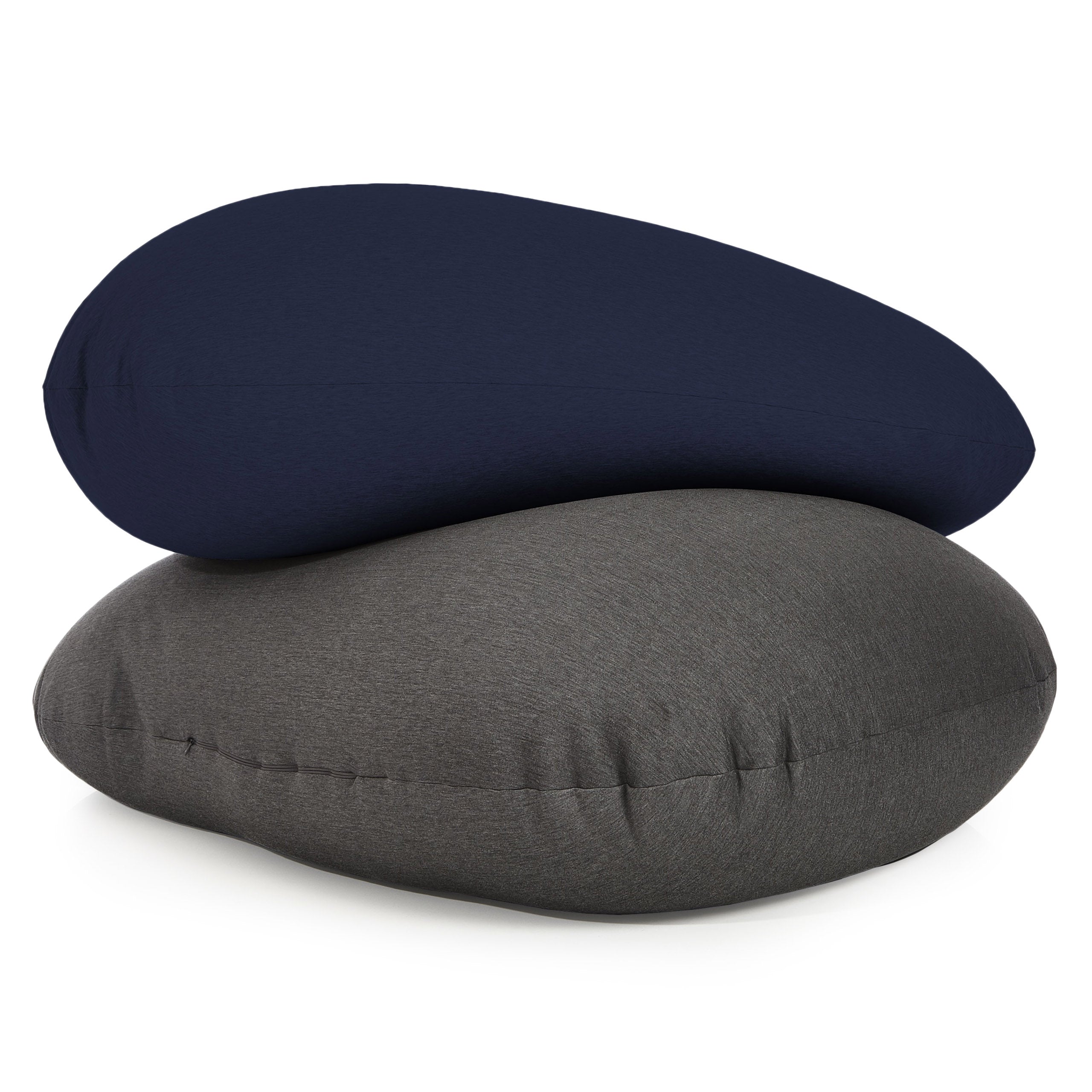 Zwei Flexi Comfort Sitzsäcke aufeinander gelegt, unten Dunkelgrau und oben Navyblau.