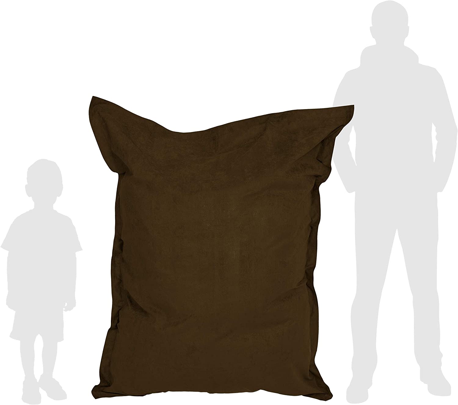 Vergleich des braunen Sitzsackes Microvelours mit der Größe eines Kindes und eines Mannes durch deren Silhouette. 