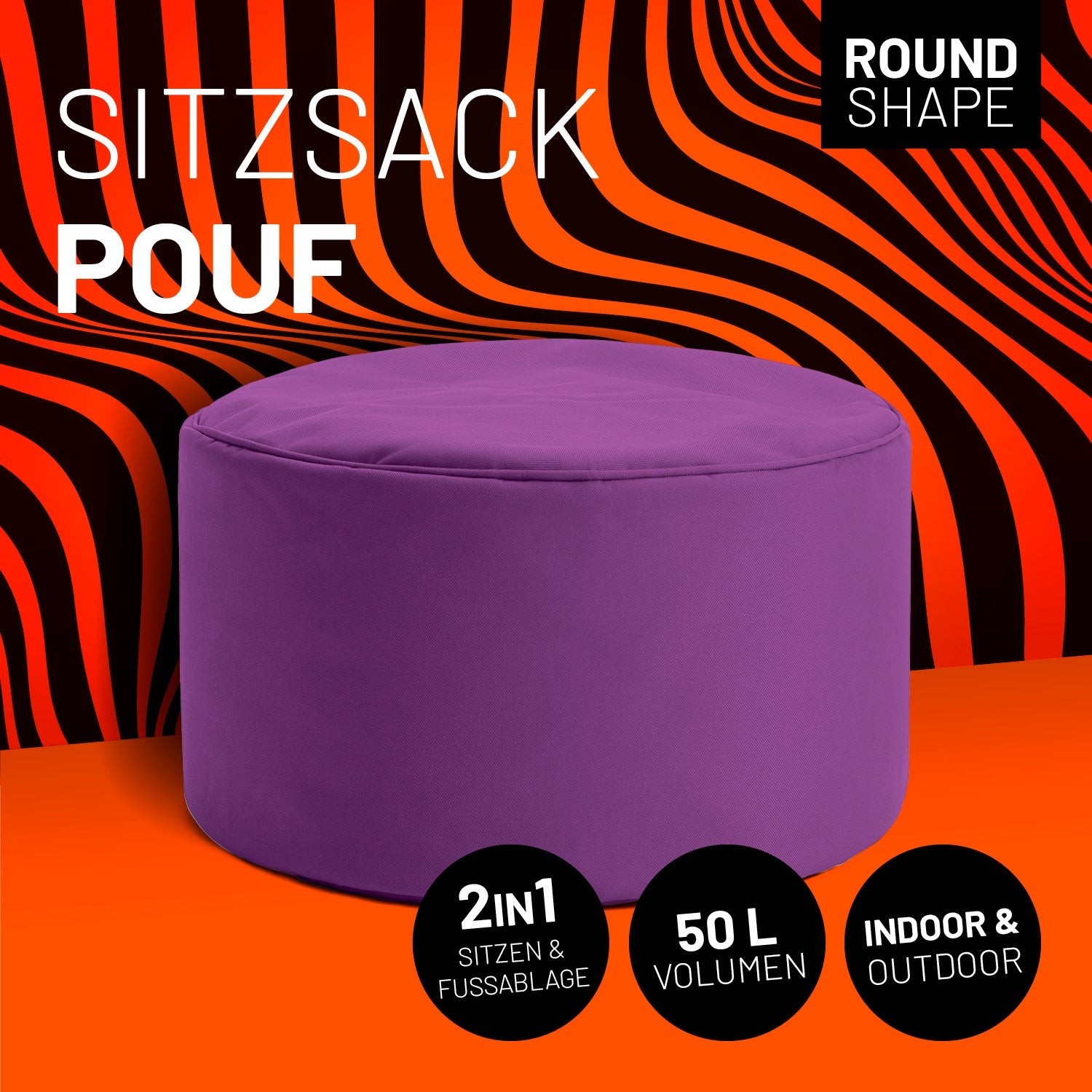 Lila Pouf mit Icon "Round Shape", "2 in 1 - Sitzen & Fußablage", "50 L Volumen" und "Indoor & Outdoor".