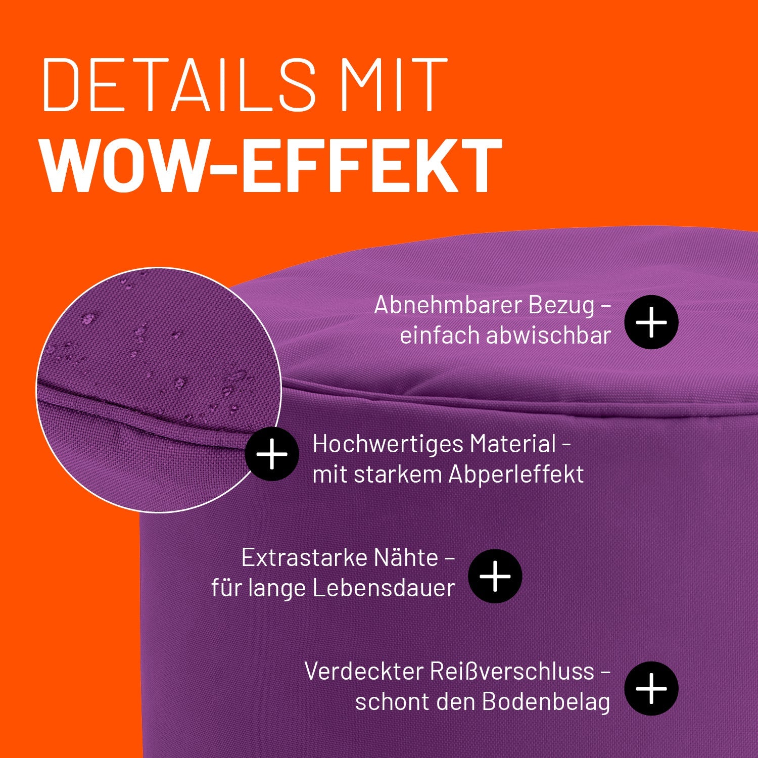 Lila Pouf im Detail mit Informationen zu "Abwischbarer Bezug", "Verdeckter Reißverschluss" und "Extrastarke Nähte".