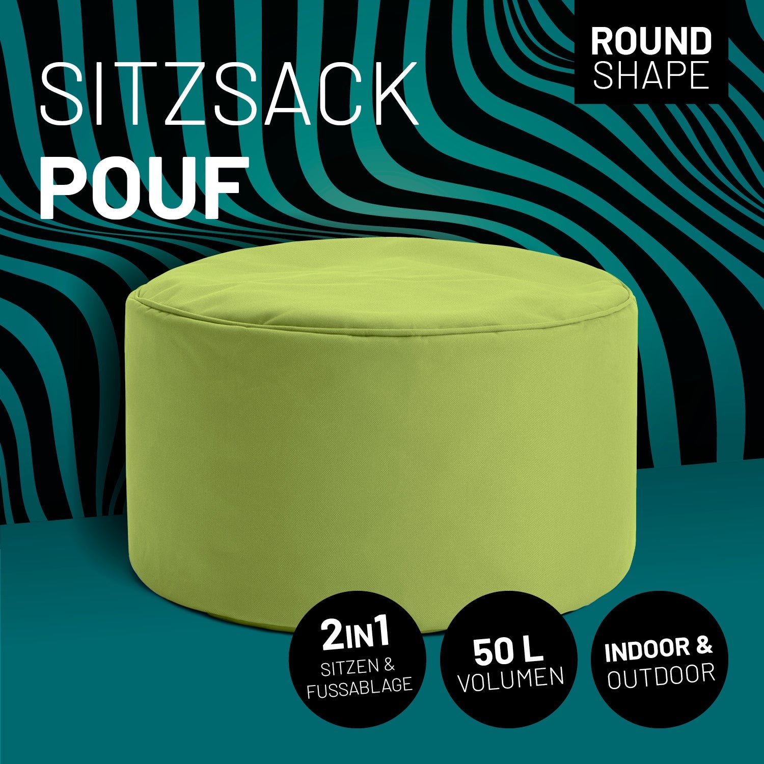 Grüner Pouf mit Icon "Round Shape", "2 in 1 - Sitzen & Fußablage", "50 L Volumen" und "Indoor & Outdoor".