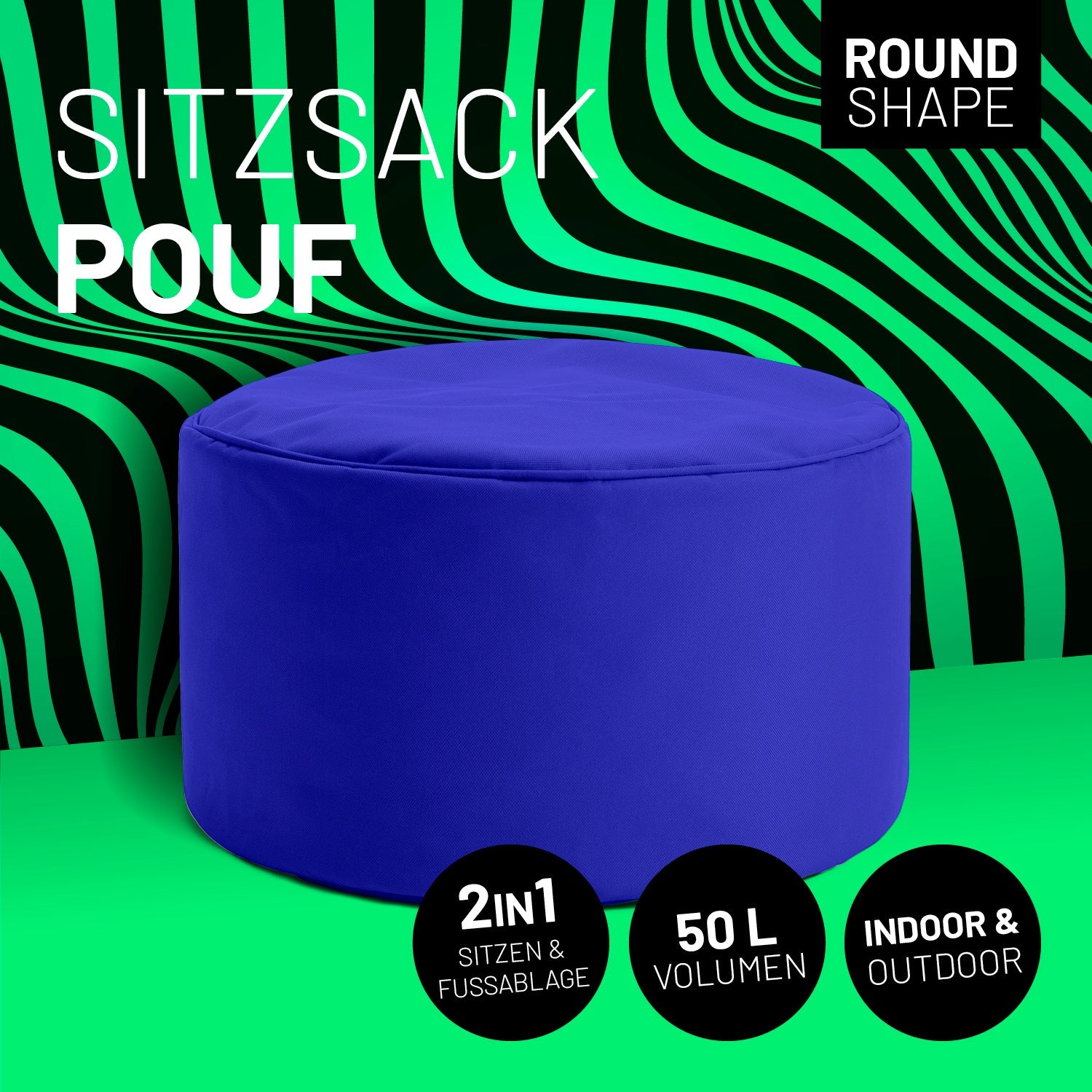 Royalblauer Pouf mit Icon "Round Shape", "2 in 1 - Sitzen & Fußablage", "50 L Volumen" und "Indoor & Outdoor".