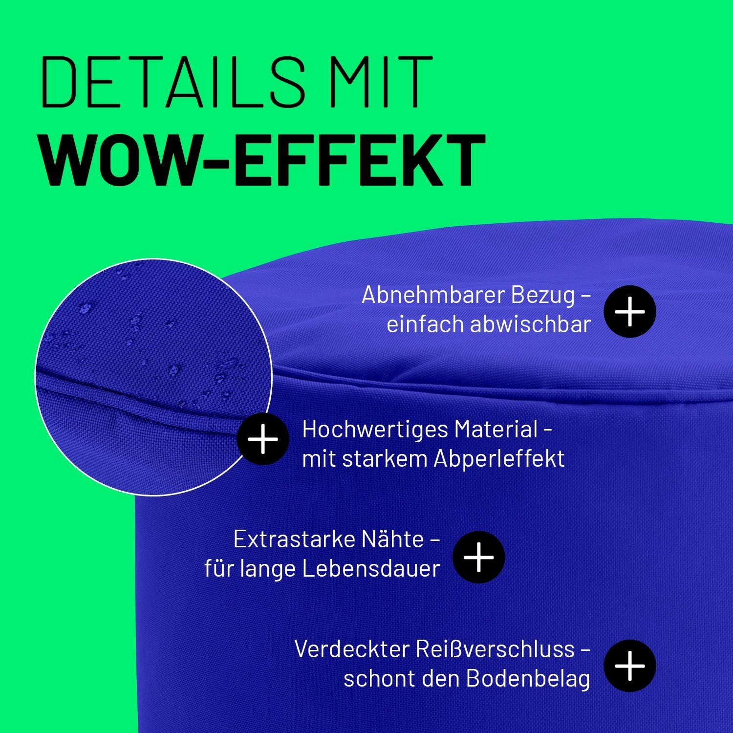 Royalblauer Pouf im Detail mit Informationen zu "Abwischbarer Bezug", "Verdeckter Reißverschluss" und "Extrastarke Nähte".