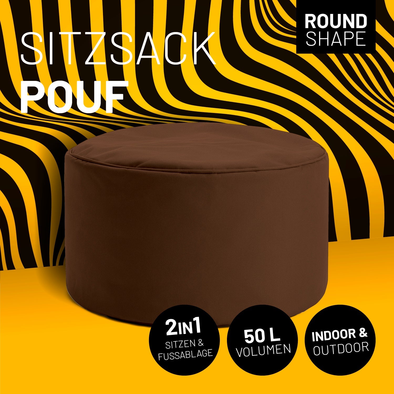 Brauner Pouf mit Icon "Round Shape", "2 in 1 - Sitzen & Fußablage", "50 L Volumen" und "Indoor & Outdoor".
