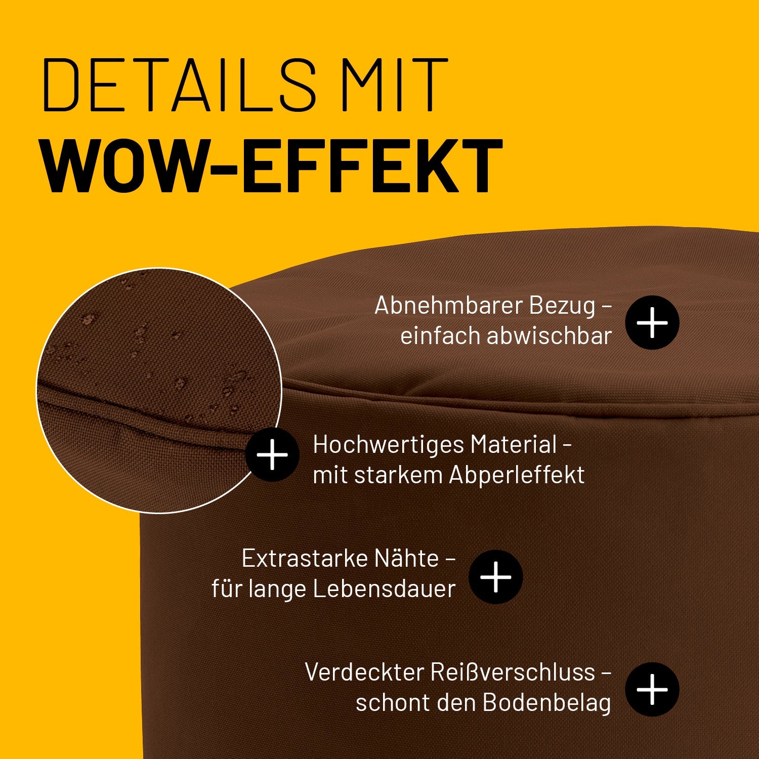 Brauner Pouf im Detail mit Informationen zu "Abwischbarer Bezug", "Verdeckter Reißverschluss" und "Extrastarke Nähte".
