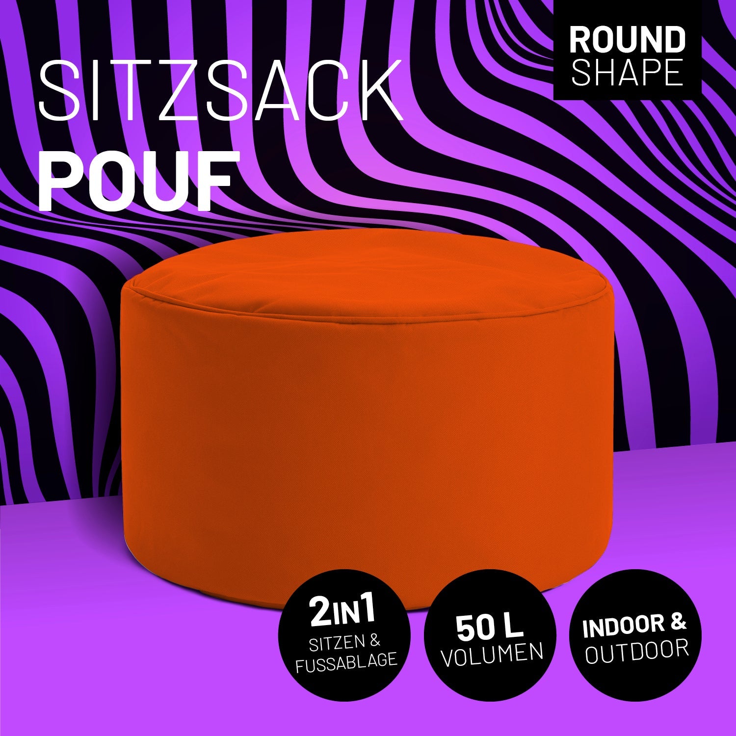 Oranger Pouf mit Icon "Round Shape", "2 in 1 - Sitzen & Fußablage", "50 L Volumen" und "Indoor & Outdoor".