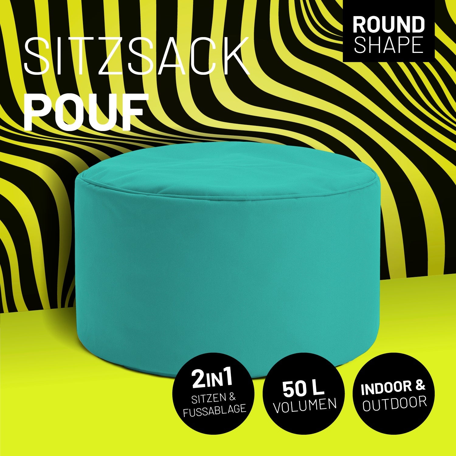 Türkiser Pouf mit Icon "Round Shape", "2 in 1 - Sitzen & Fußablage", "50 L Volumen" und "Indoor & Outdoor".