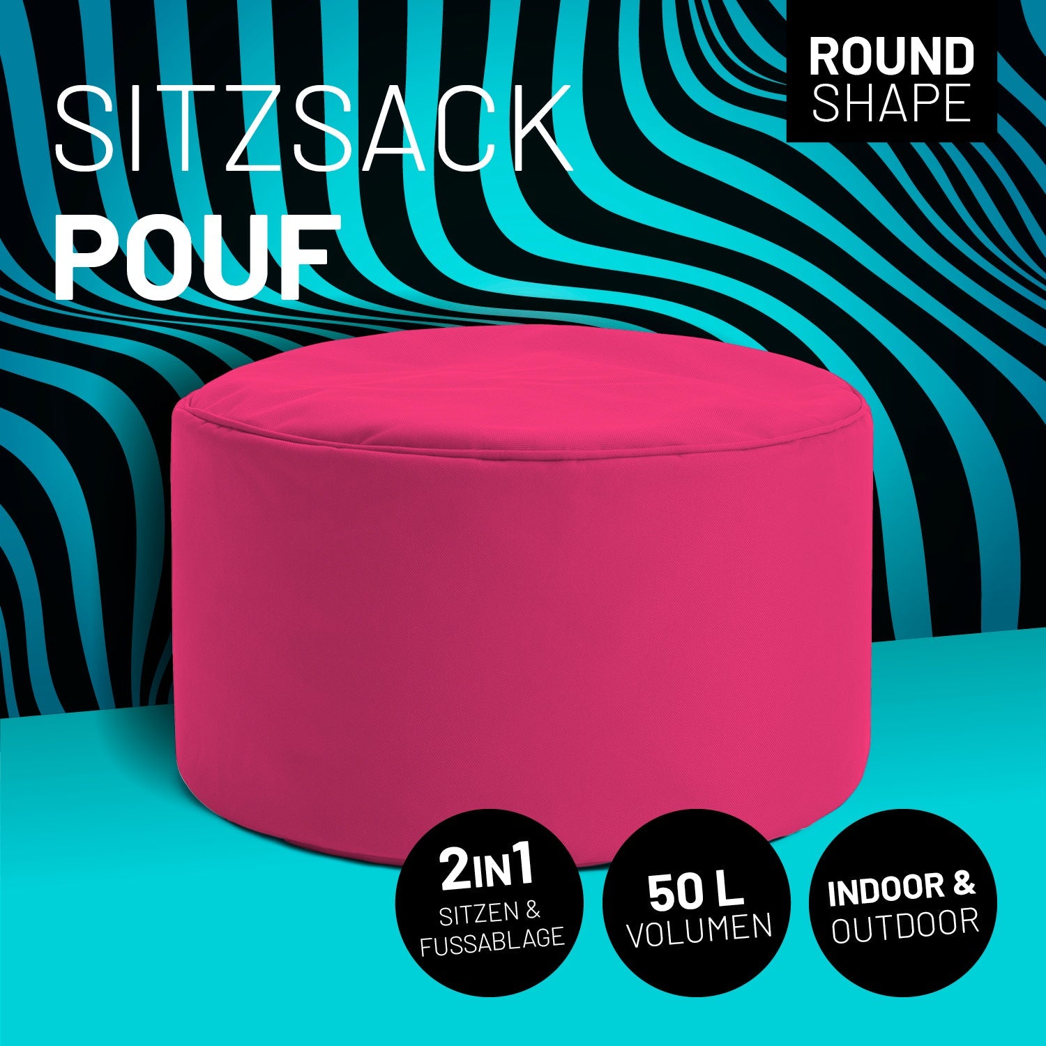 Pinker Pouf mit Icon "Round Shape", "2 in 1 - Sitzen & Fußablage", "50 L Volumen" und "Indoor & Outdoor".