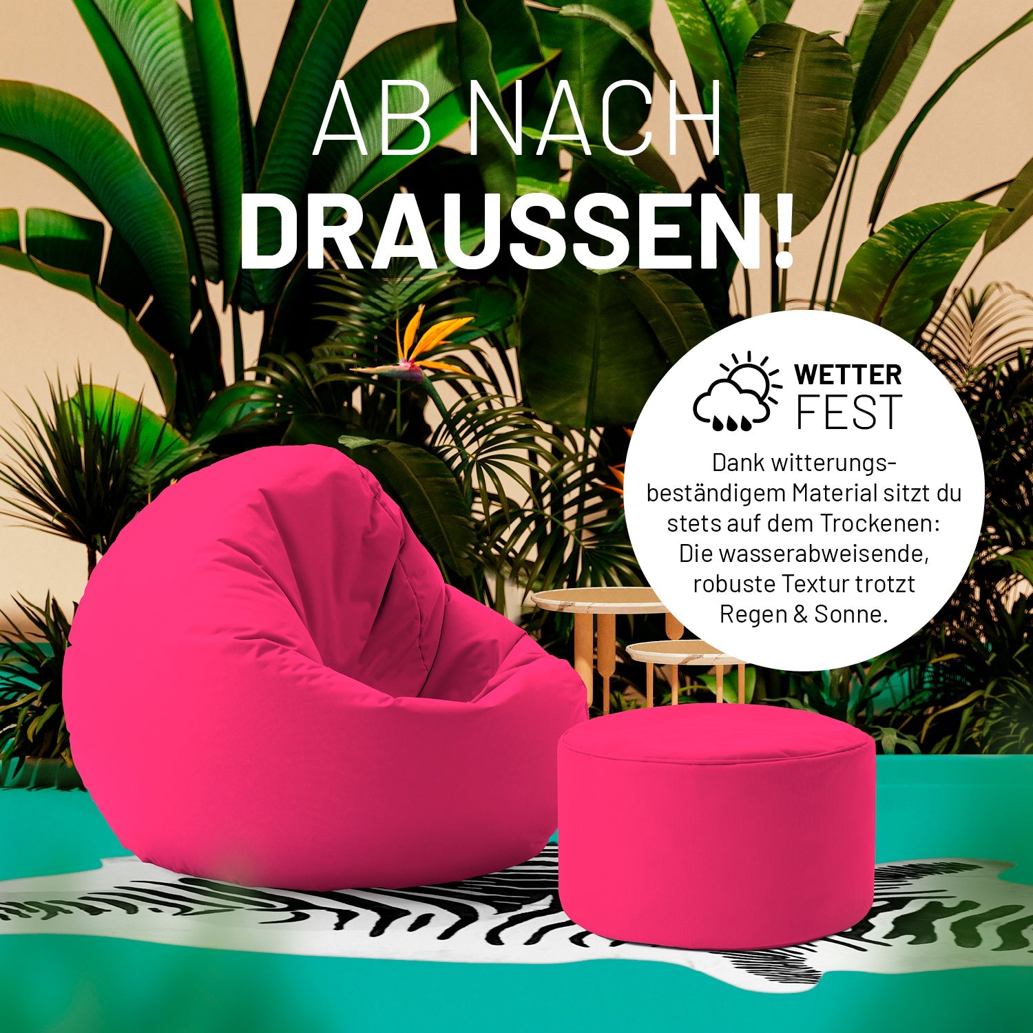 Pinker Pouf und 2-in-1-Sitzsack auf einer Terrasse mit vielen Pflanzen - "Wetterfest" und "Witterungsbeständiges Material."