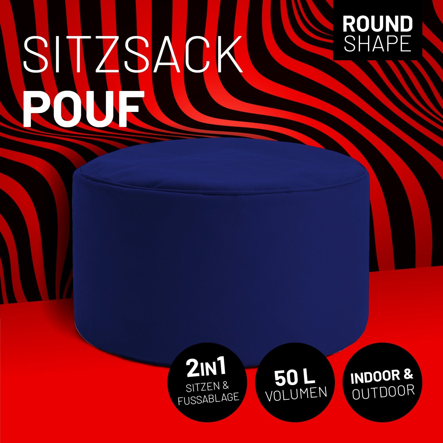 Navyblauer Pouf mit Icon "Round Shape", "2 in 1 - Sitzen & Fußablage", "50 L Volumen" und "Indoor & Outdoor".