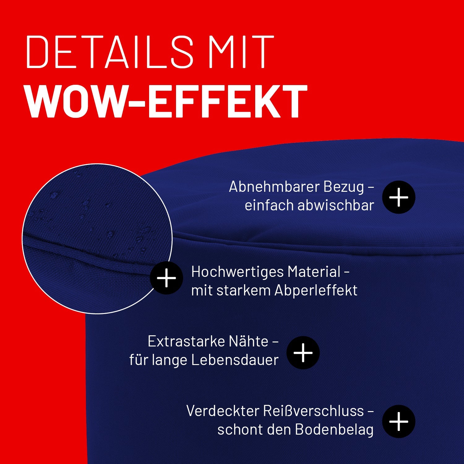Navy Pouf im Detail mit Informationen zu "Abwischbarer Bezug", "Verdeckter Reißverschluss" und "Extrastarke Nähte".