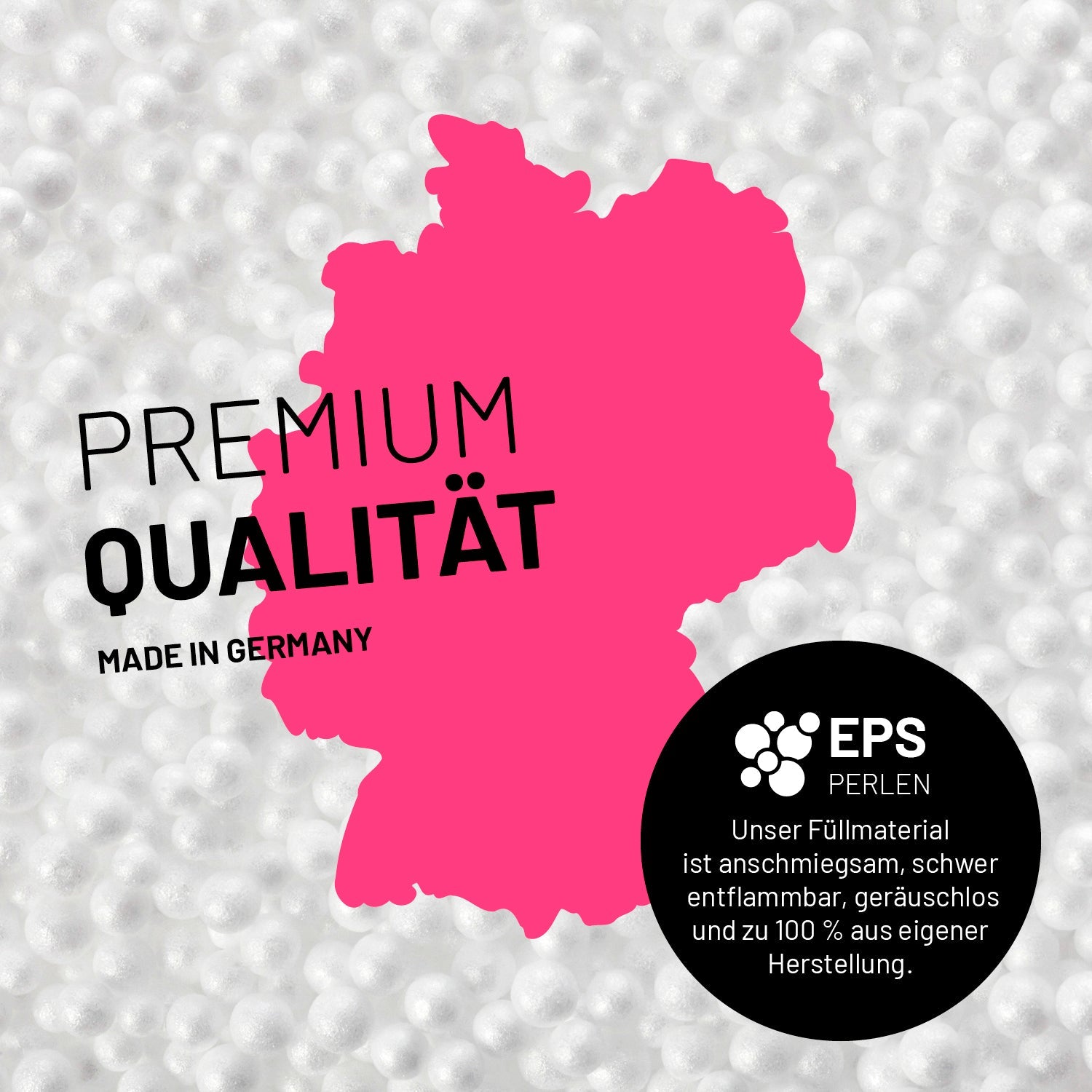 Umrisse der Deutschland-Karte mit Hinweis auf die EPS-Perlen und LUMALAND Germany 5 Jahre Garantie auf die Aussenhülle.