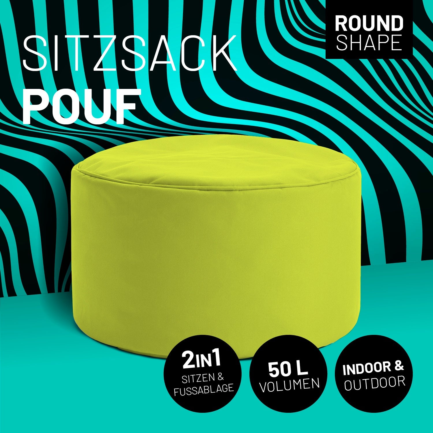 Apfelgrüner Pouf mit Icon "Round Shape", "2 in 1 - Sitzen & Fußablage", "50 L Volumen" und "Indoor & Outdoor".