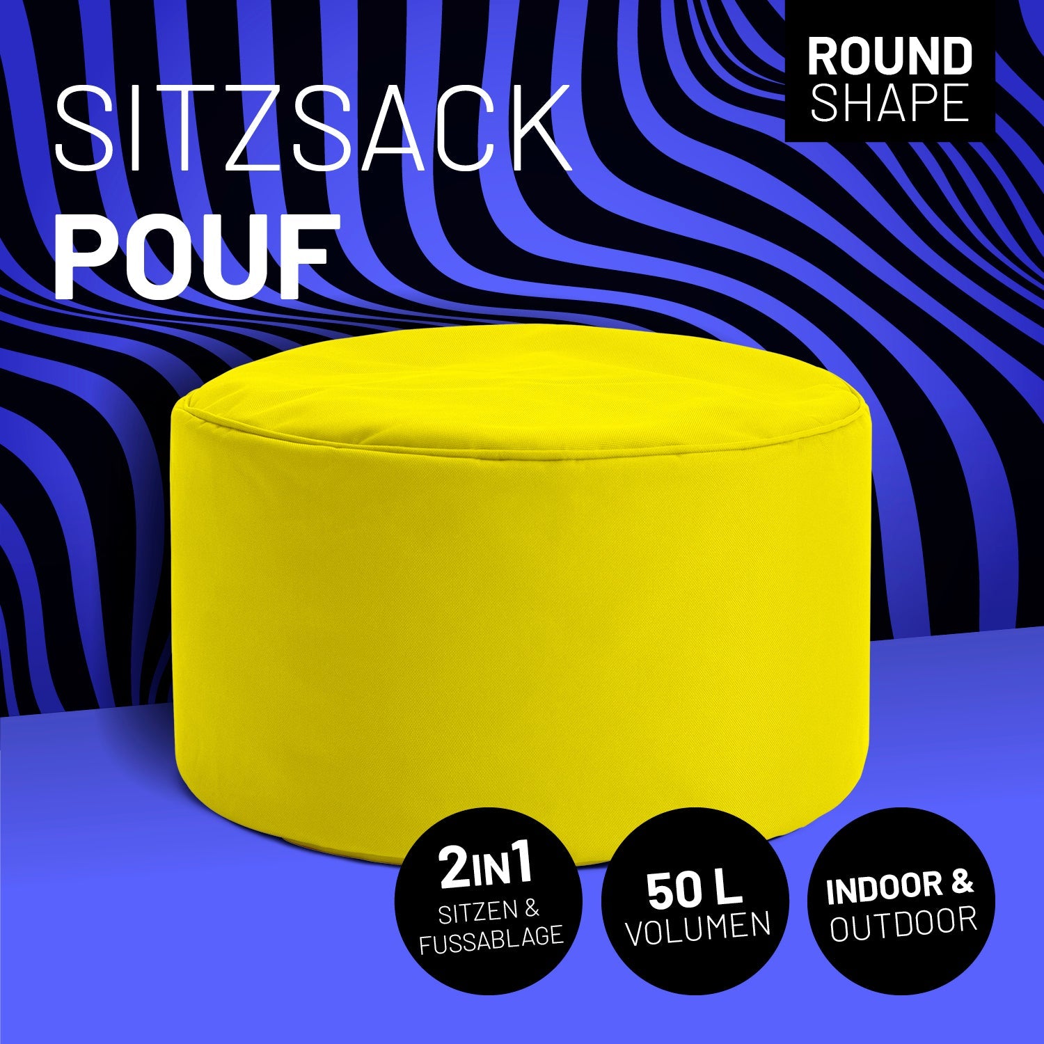 Gelber Pouf mit Icon "Round Shape", "2 in 1 - Sitzen & Fußablage", "50 L Volumen" und "Indoor & Outdoor".