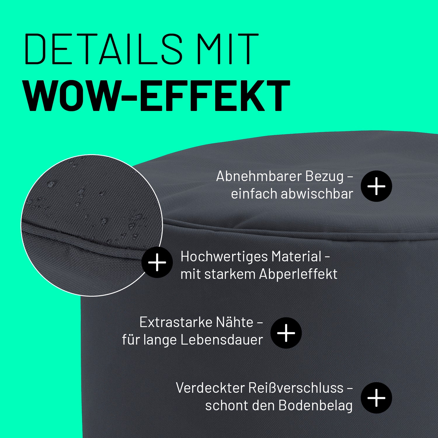 Stahlgrauer Pouf im Detail mit Informationen zu "Abwischbarer Bezug", "Verdeckter Reißverschluss" und "Extrastarke Nähte".
