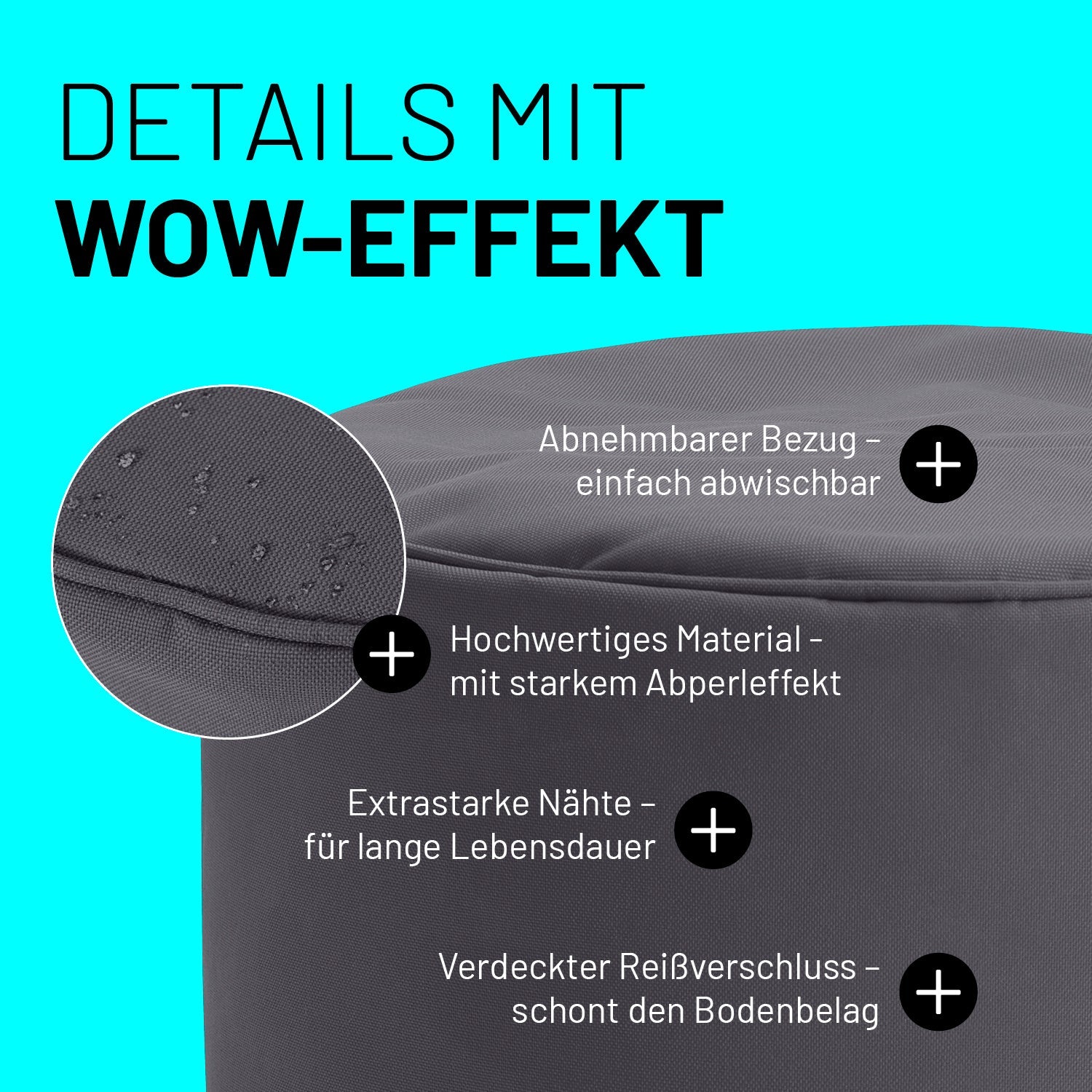 Anthrazit Pouf im Detail mit Informationen zu "Abwischbarer Bezug", "Verdeckter Reißverschluss" und "Extrastarke Nähte".