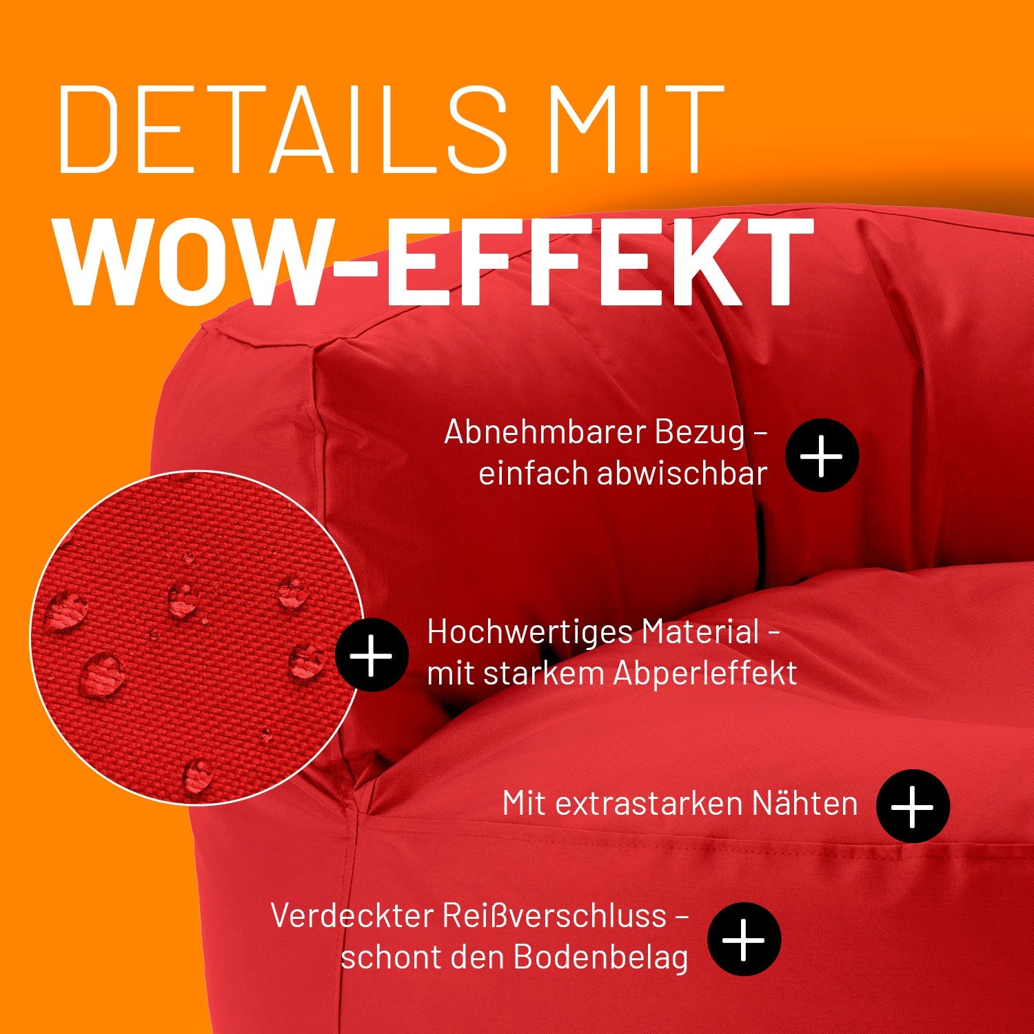 Roter Sitzsack-Sofa im Detail mit Informationen zu "Abwischbarer Bezug", "Verdeckter Reißverschluss" und "Extrastarke Nähte".