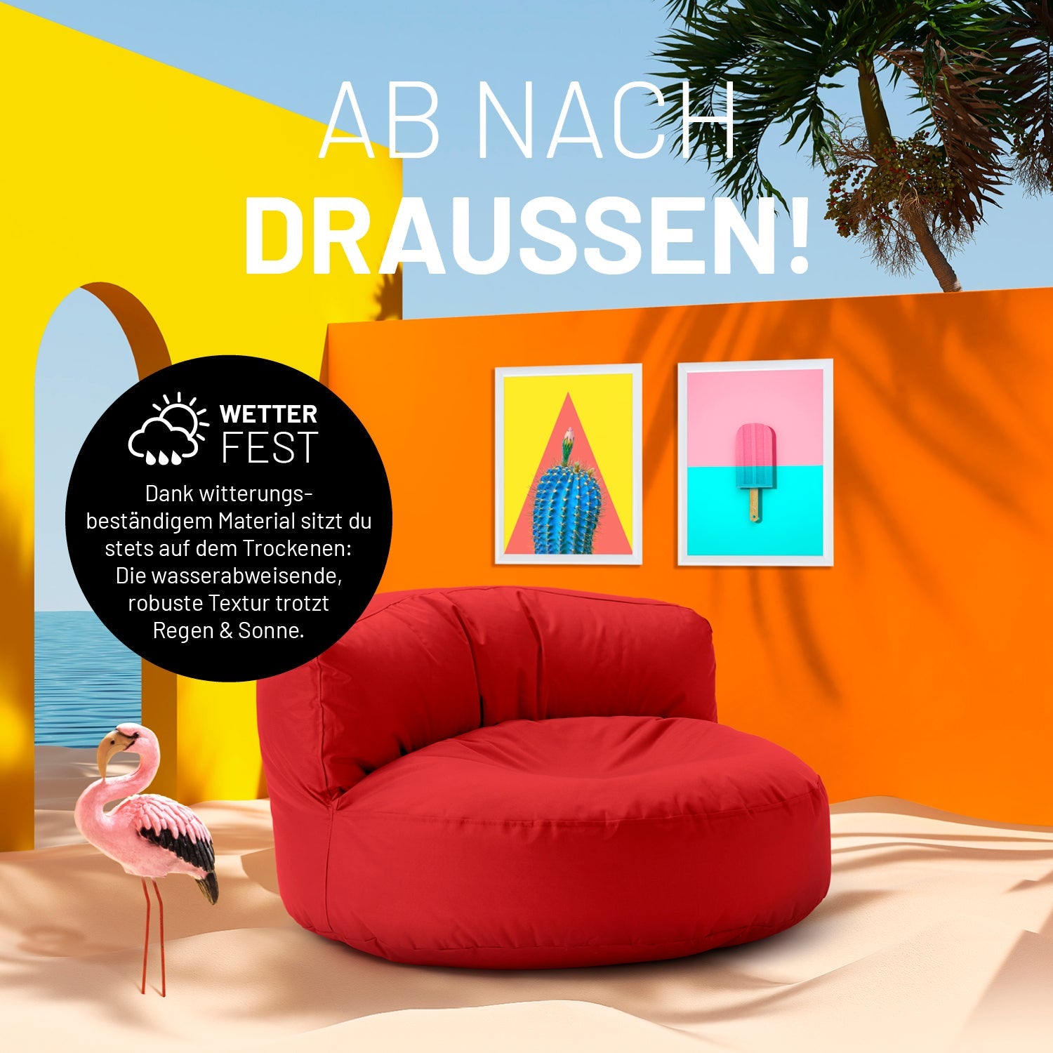 Roter Lounge-Sitzsack in einer sehr bunten Outdoorszene mit Flamingo und Icon zum "Witterungsbeständigen Material."