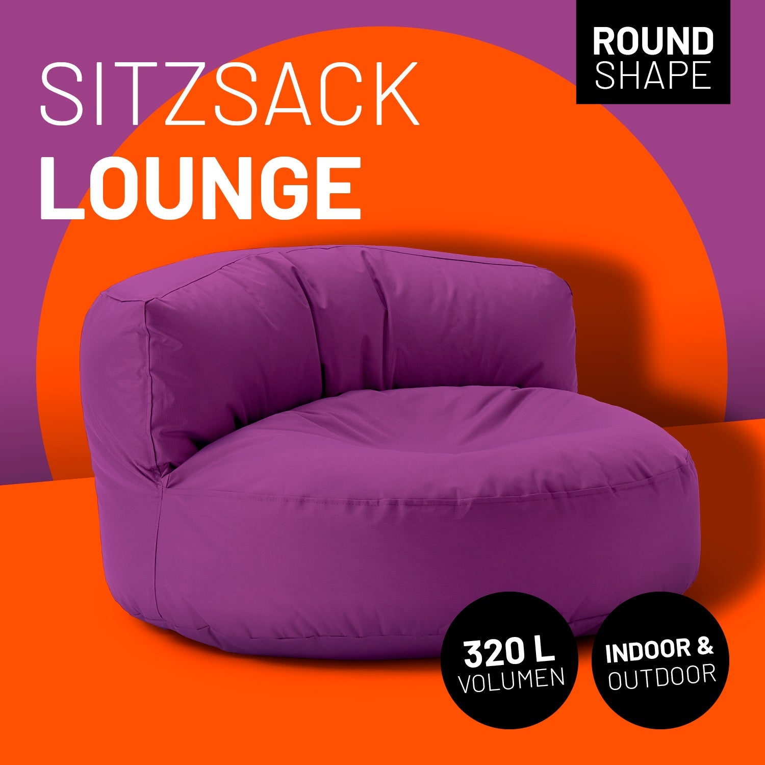Lounge Sitzsack-Sofa in Lila mit Icon "Round Shape", "320 L Volumen" und "Indoor & Outdoor".