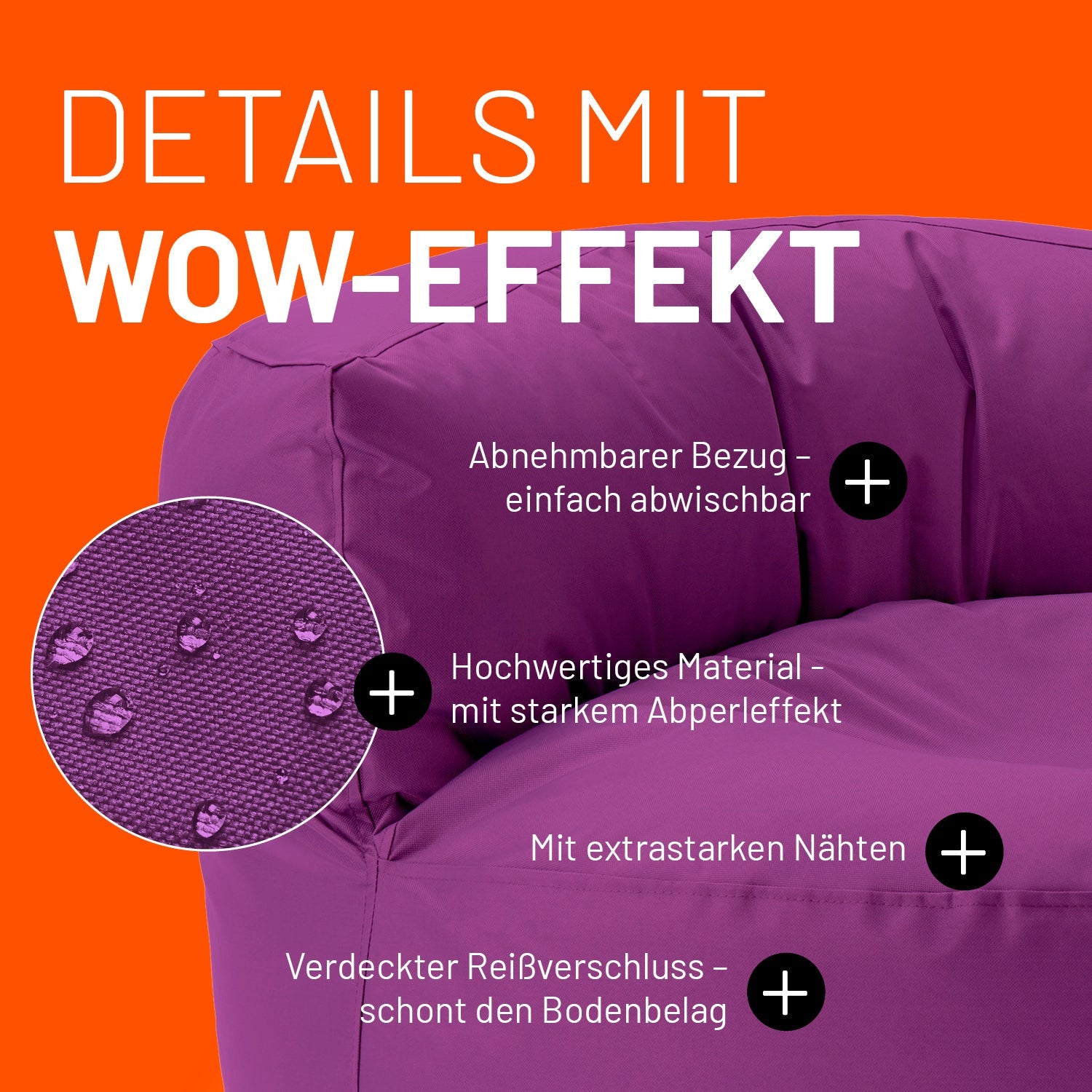 Lila Sitzsack-Sofa im Detail mit Informationen zu "Abwischbarer Bezug", "Verdeckter Reißverschluss" und "Extrastarke Nähte".