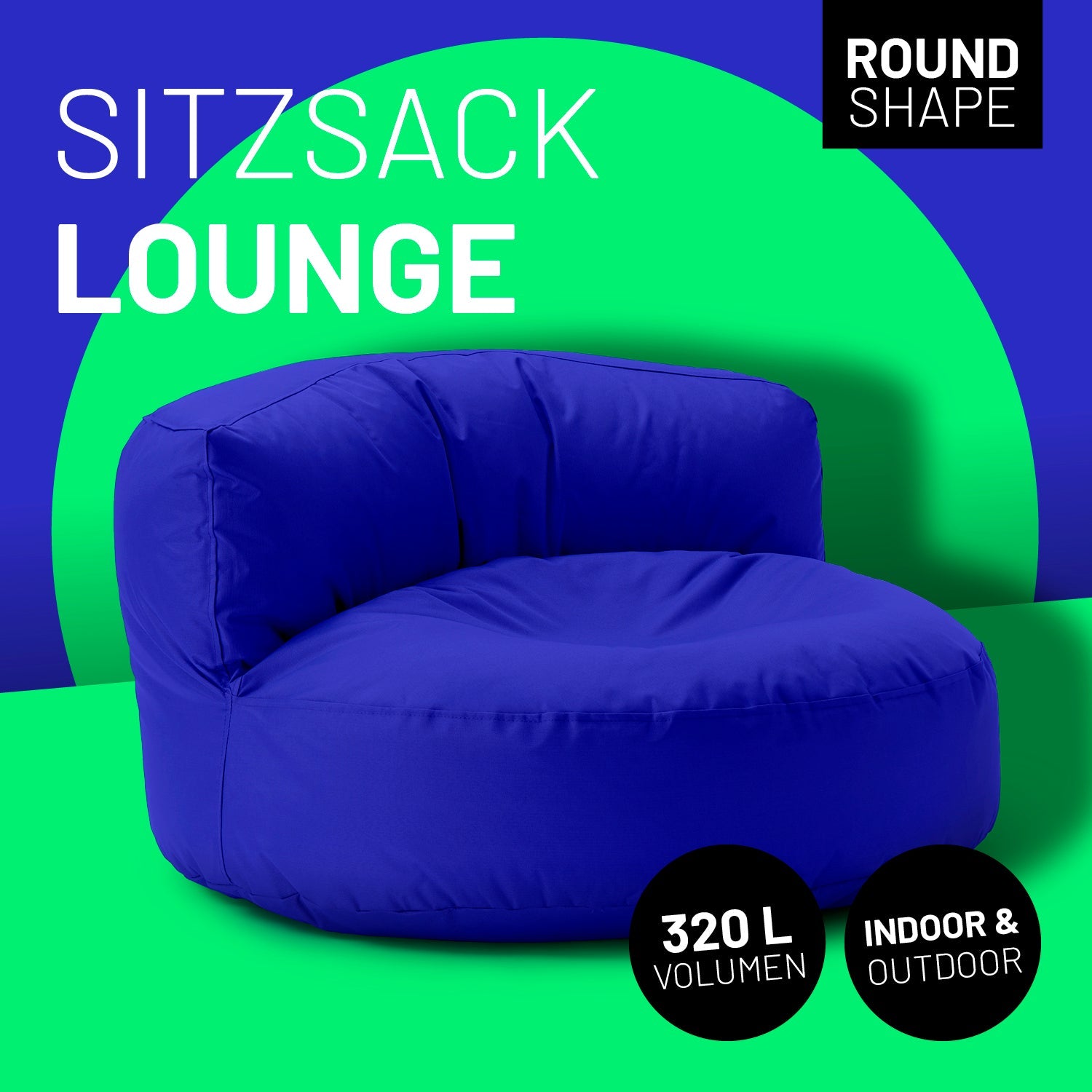 Lounge Sitzsack-Sofa in Royalblau mit Icon "Round Shape", "320 L Volumen" und "Indoor & Outdoor".