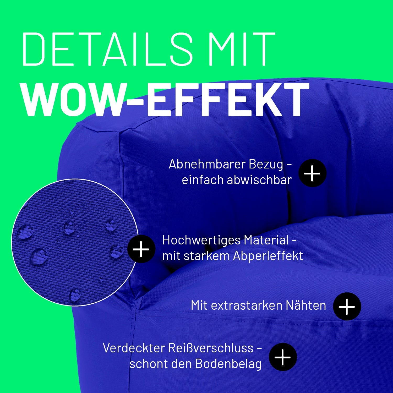 Royalblaues Sitzsack-Sofa im Detail mit Informationen zu "Abwischbarer Bezug", "Verdeckter Reißverschluss" und "Extrastarke Nähte".