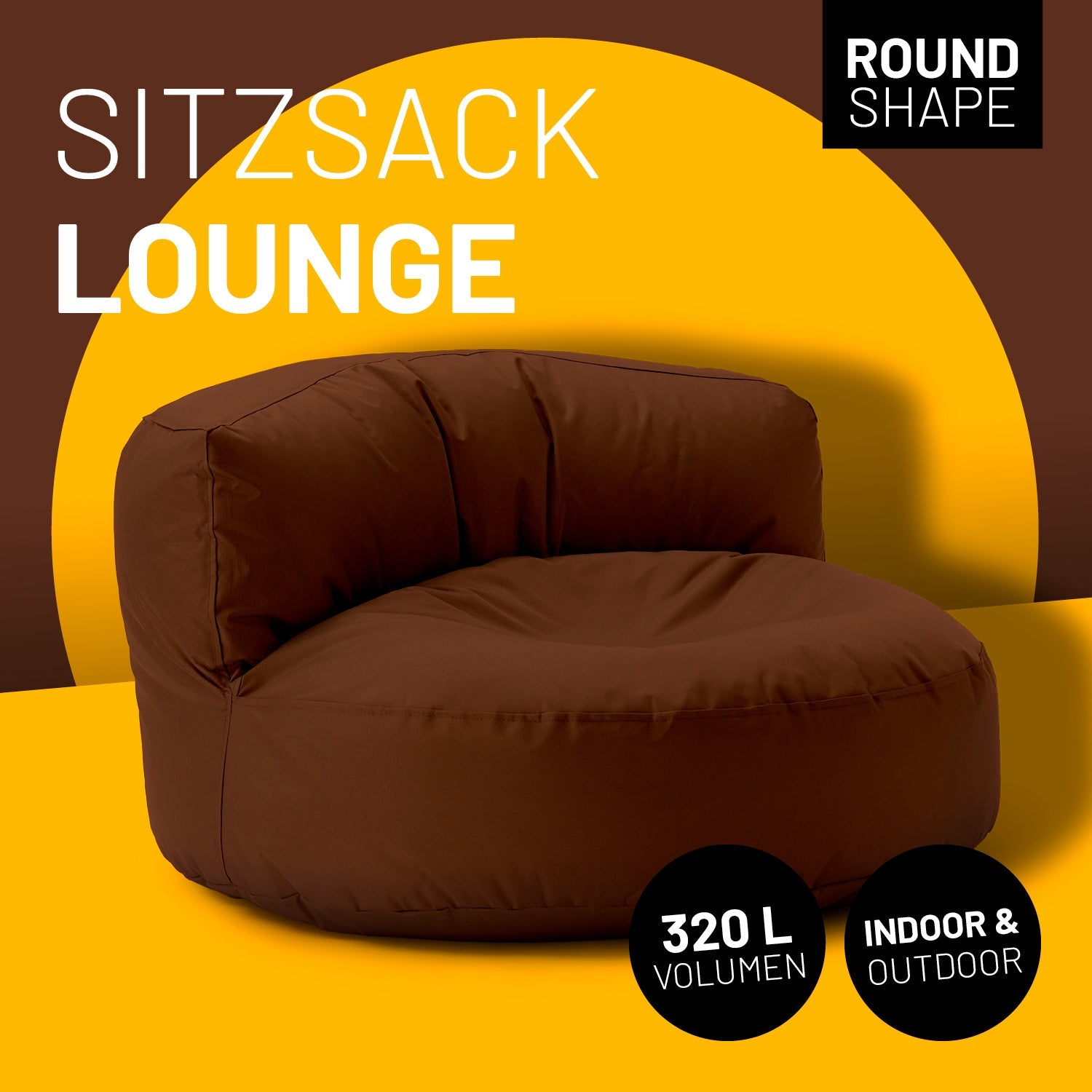 Lounge Sitzsack-Sofa in Braun mit Icon "Round Shape", "320 L Volumen" und "Indoor & Outdoor".