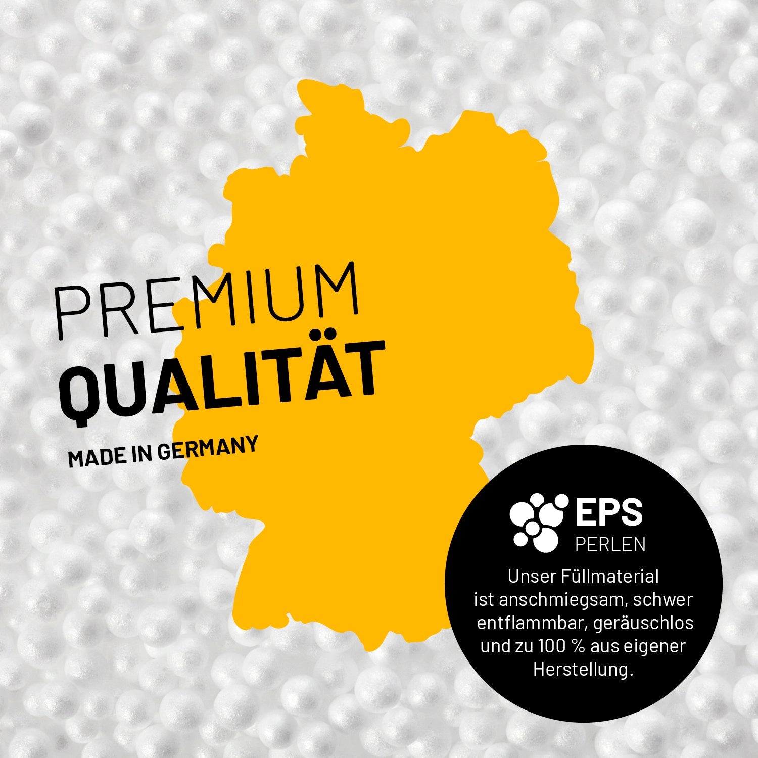 Umrisse der Deutschland-Karte mit Hinweis auf die EPS-Perlen und LUMALAND Germany 5 Jahre Garantie auf die Aussenhülle.