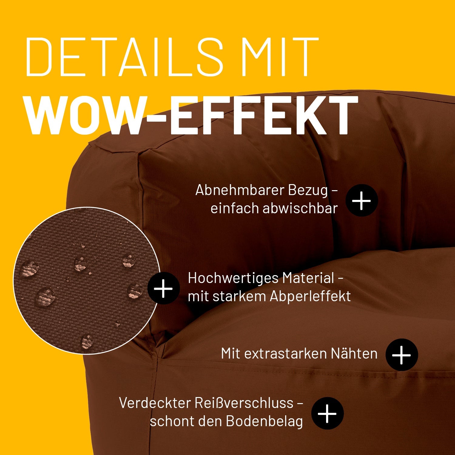 Braunes Sitzsack-Sofa im Detail mit Informationen zu "Abwischbarer Bezug", "Verdeckter Reißverschluss" und "Extrastarke Nähte".