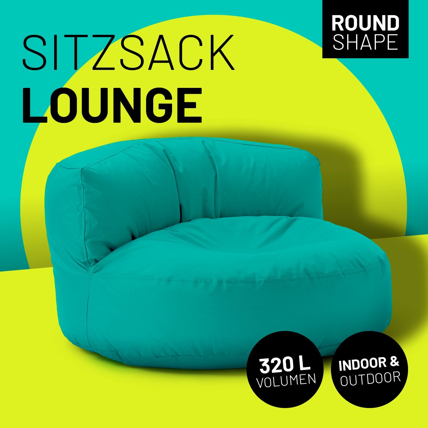 Lounge Sitzsack-Sofa in Türkis mit Icon "Round Shape", "320 L Volumen" und "Indoor & Outdoor".