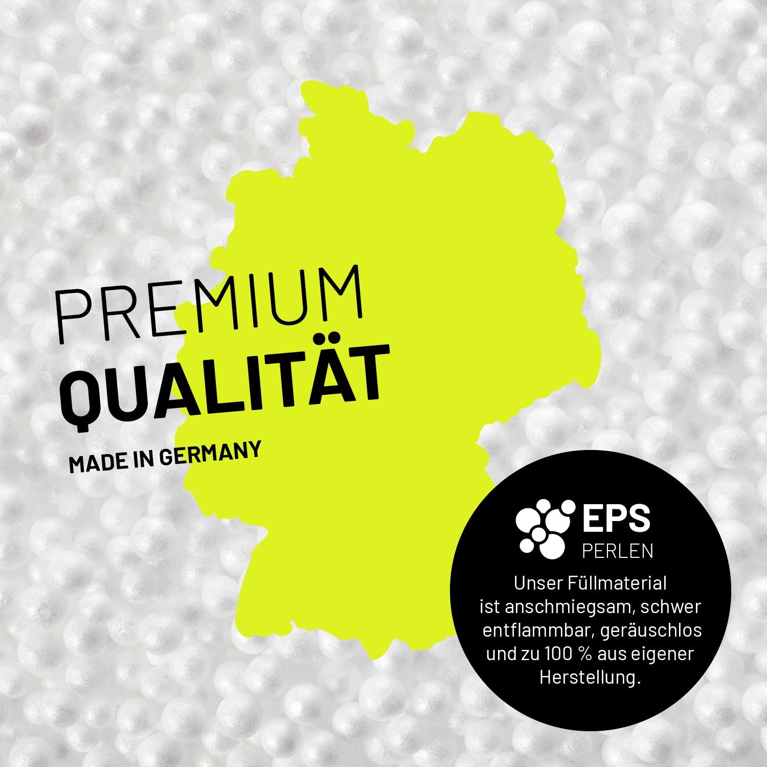 Umrisse der Deutschland-Karte mit Hinweis auf die EPS-Perlen und LUMALAND Germany 5 Jahre Garantie auf die Aussenhülle.