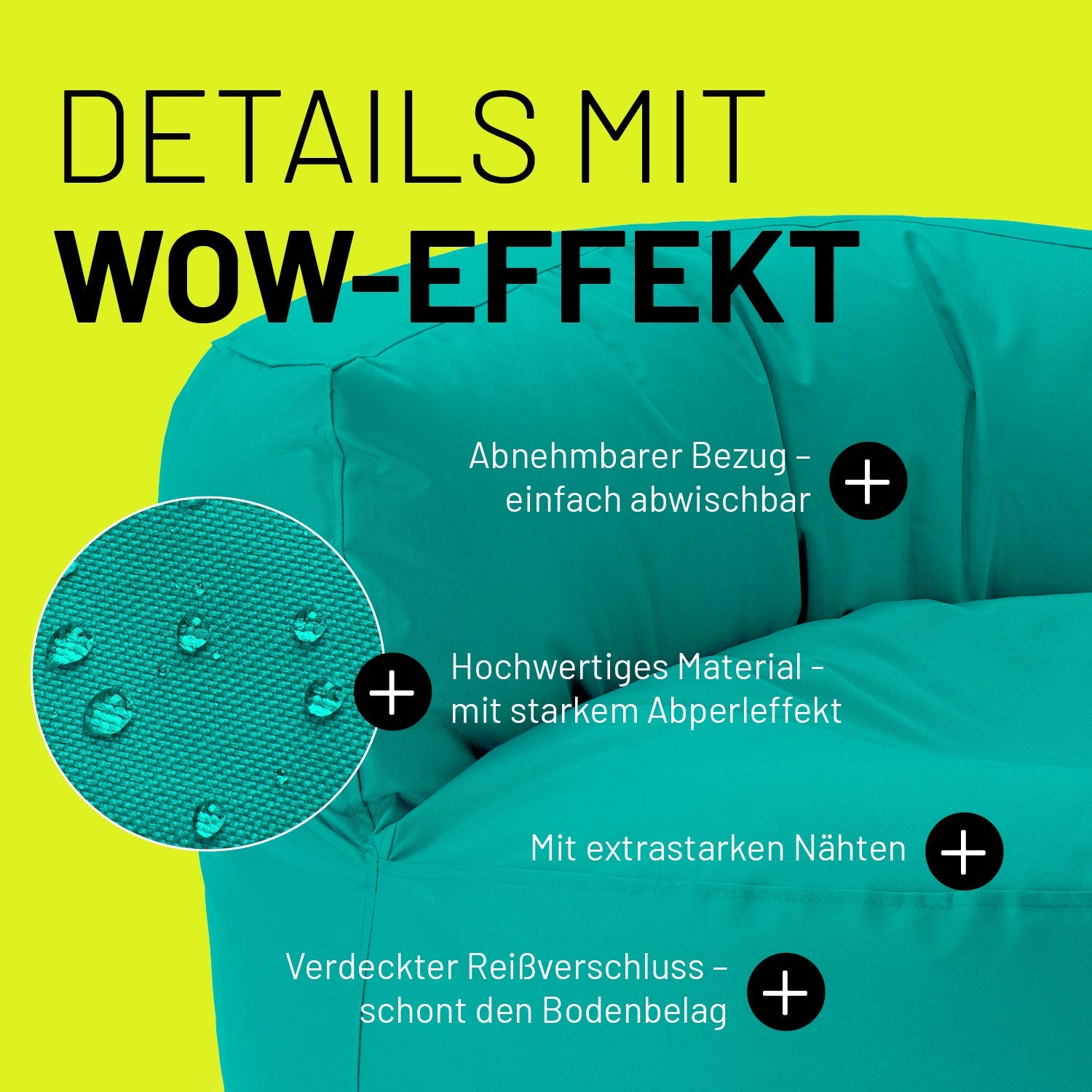 Türkises Sitzsack-Sofa im Detail mit Informationen zu "Abwischbarer Bezug", "Verdeckter Reißverschluss" und "Extrastarke Nähte".