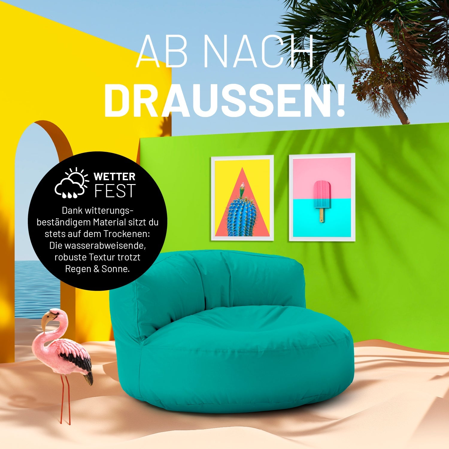 Türkiser Lounge-Sitzsack in einer sehr bunten Outdoorszene mit Flamingo und Icon zum "Witterungsbeständigen Material."