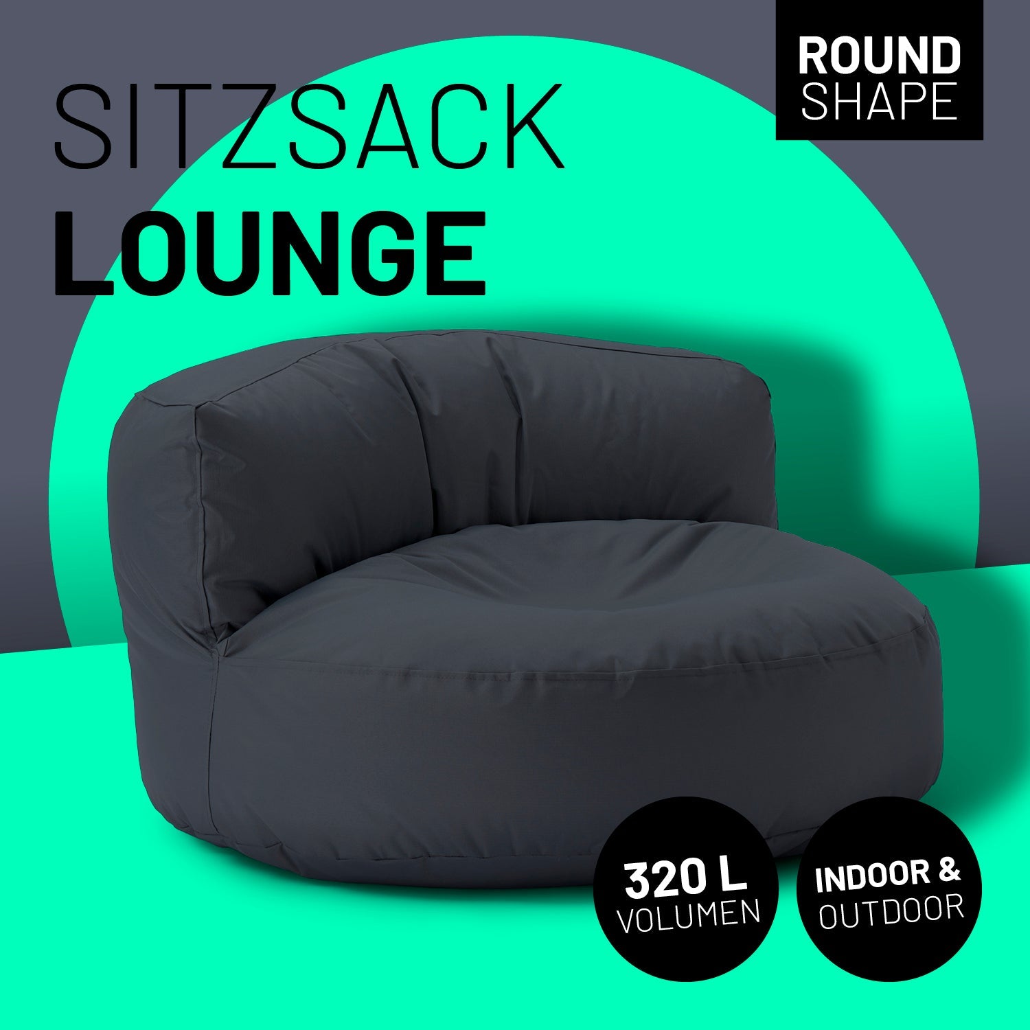 Lounge Sitzsack-Sofa in Stahlgrau mit Icon "Round Shape", "320 L Volumen" und "Indoor & Outdoor".