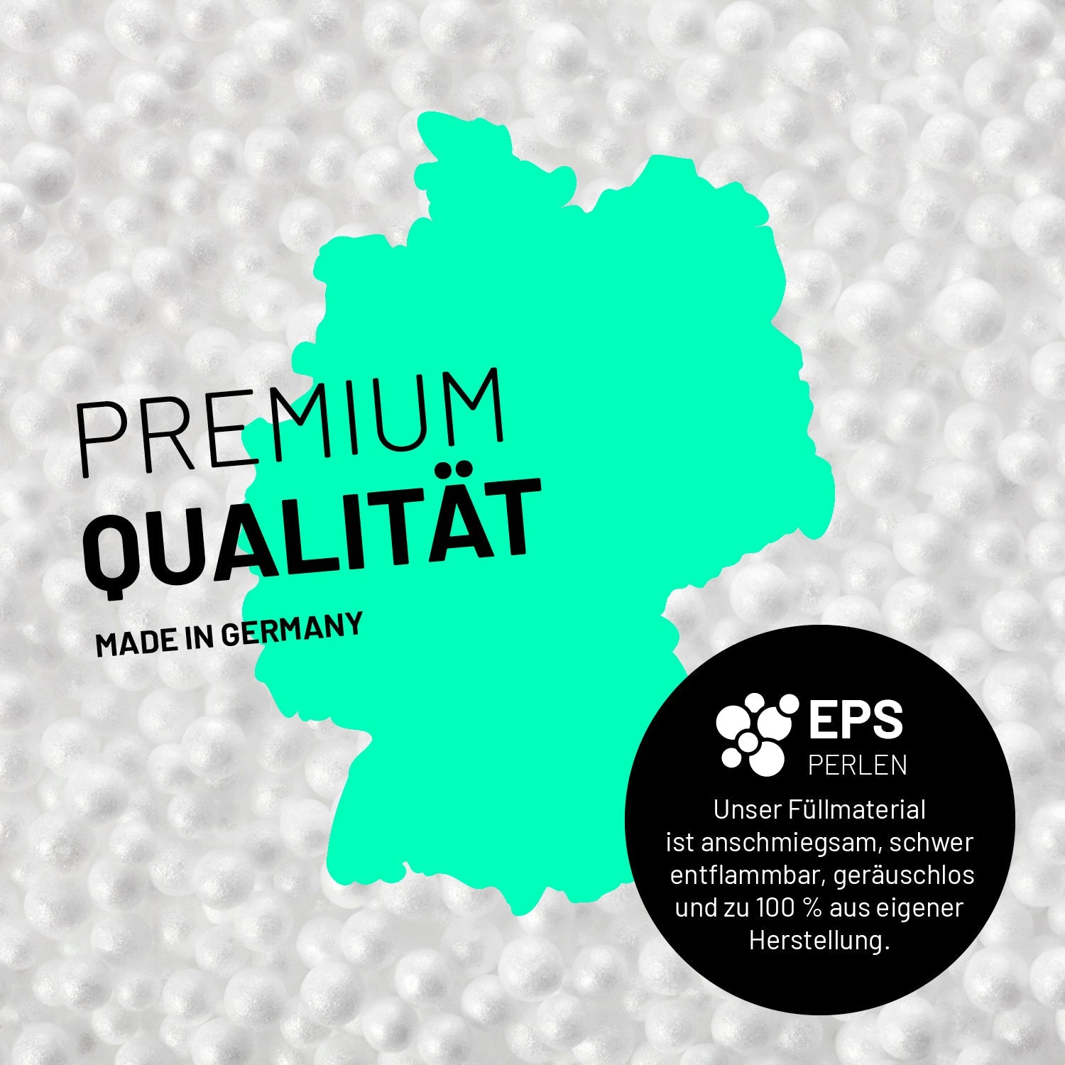 Umrisse der Deutschland-Karte mit Hinweis auf die EPS-Perlen und LUMALAND Germany 5 Jahre Garantie auf die Aussenhülle.