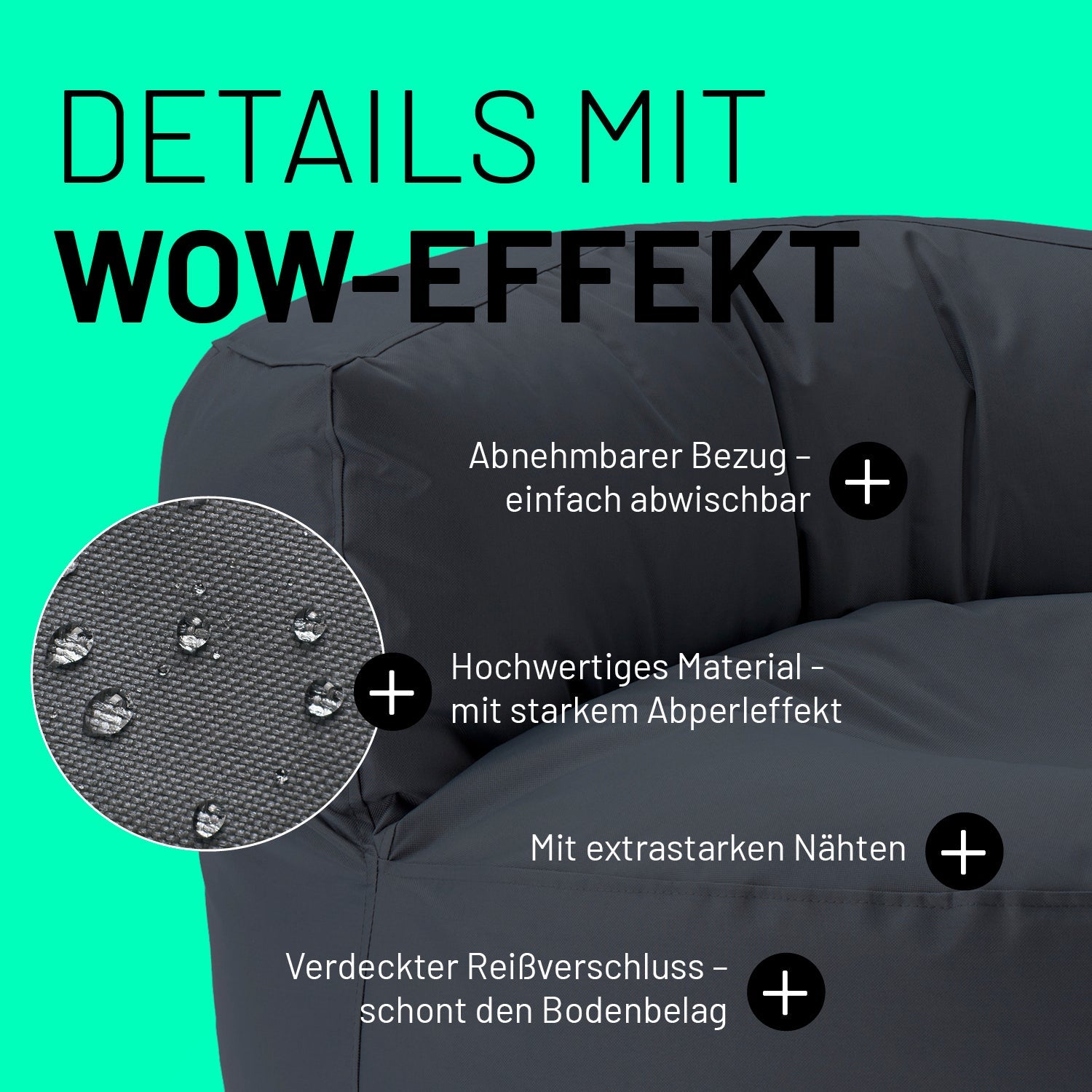 Stahlgraues Sitzsack-Sofa im Detail mit Informationen zu "Abwischbarer Bezug", "Verdeckter Reißverschluss" und "Extrastarke Nähte".