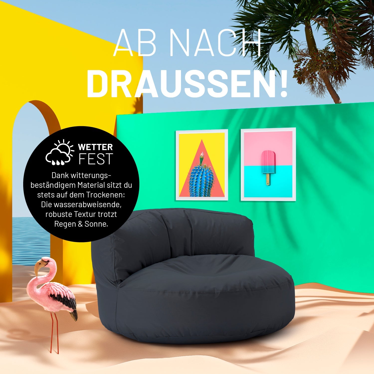 Grauer Lounge-Sitzsack in einer sehr bunten Outdoorszene mit Flamingo und Icon zum "Witterungsbeständigen Material."