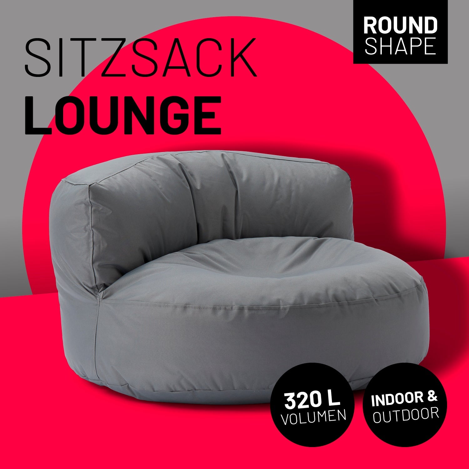 Lounge Sitzsack-Sofa in Grau mit Icon "Round Shape", "320 L Volumen" und "Indoor & Outdoor".