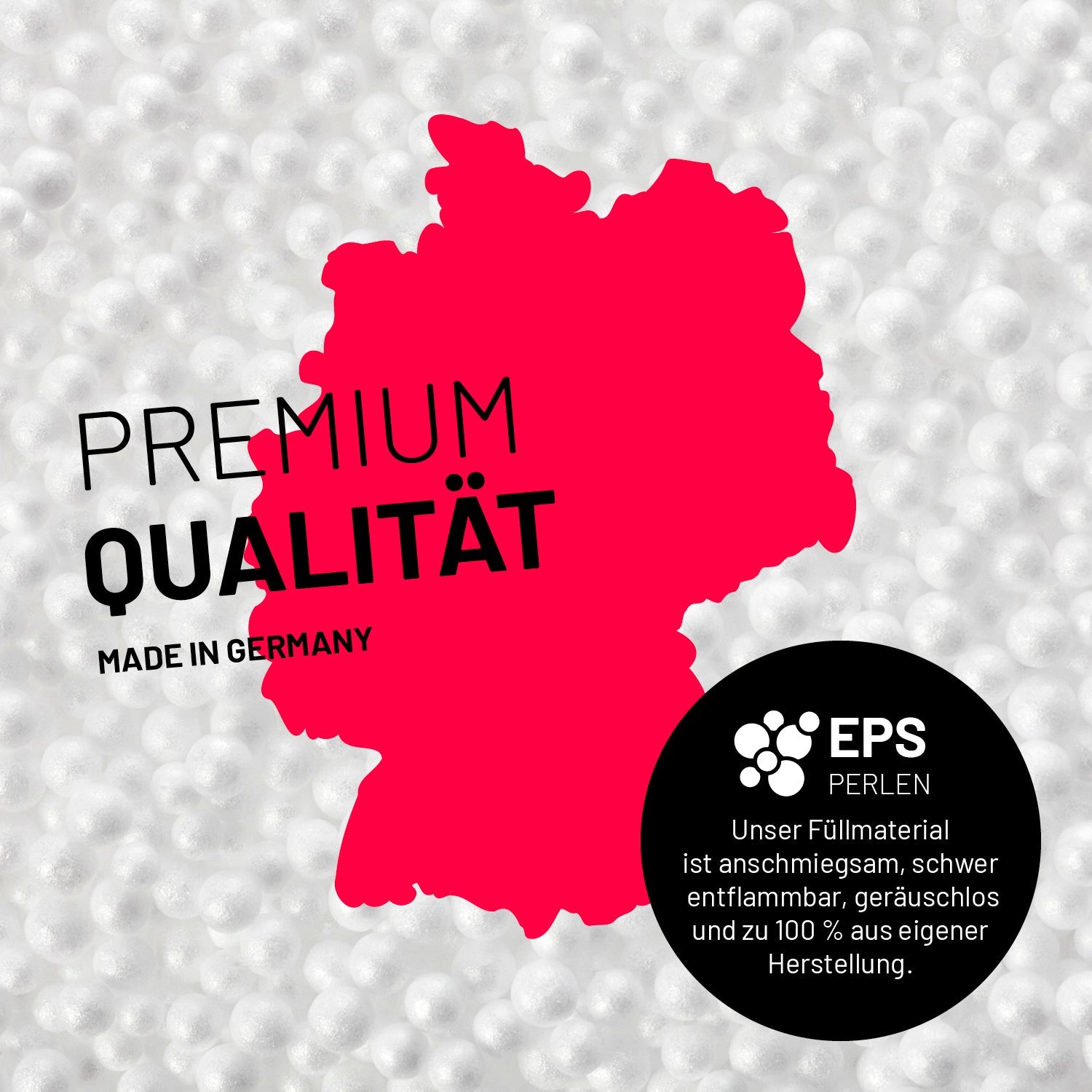 Umrisse der Deutschland-Karte mit Hinweis auf die EPS-Perlen und LUMALAND Germany 5 Jahre Garantie auf die Aussenhülle.