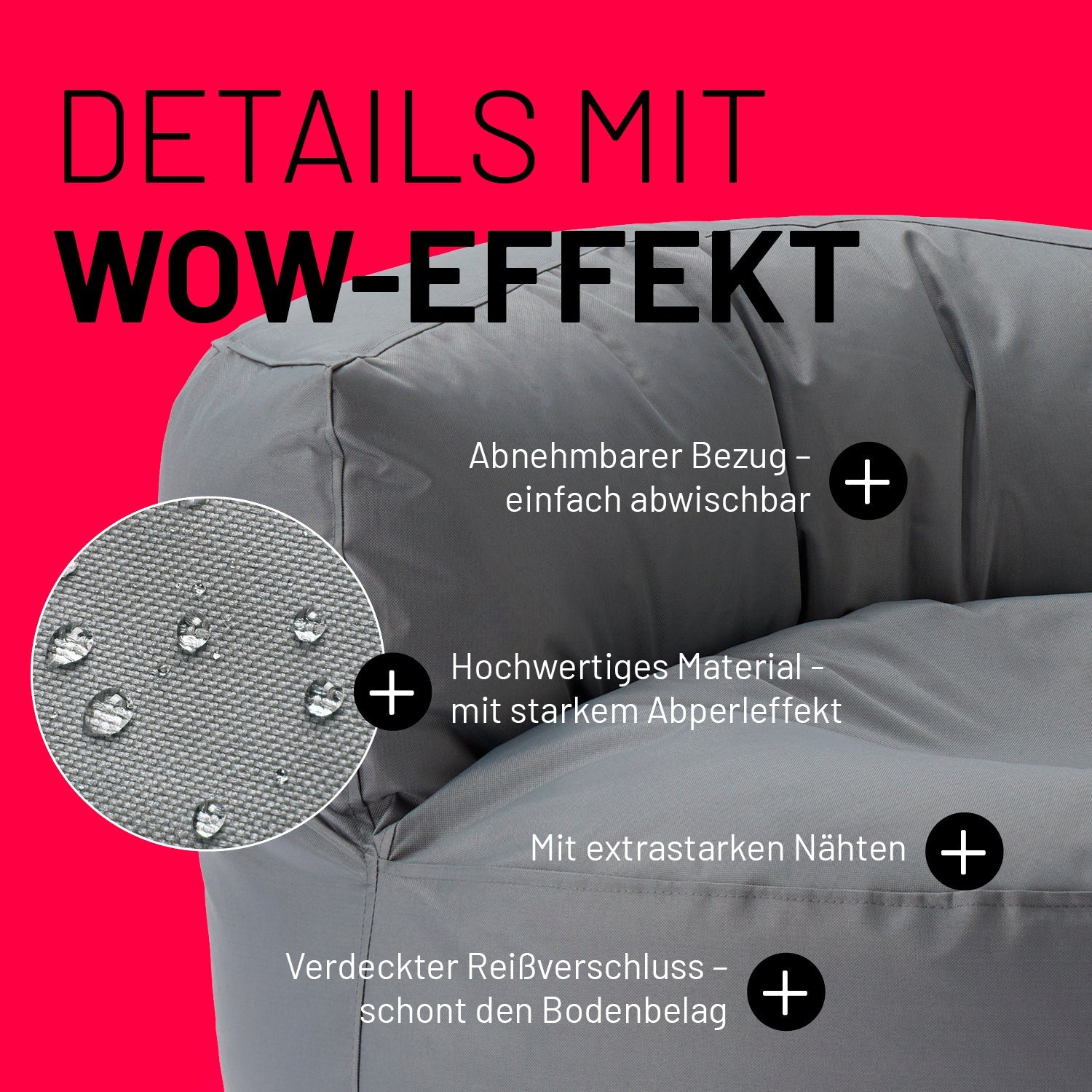 Graues Sitzsack-Sofa im Detail mit Informationen zu "Abwischbarer Bezug", "Verdeckter Reißverschluss" und "Extrastarke Nähte".