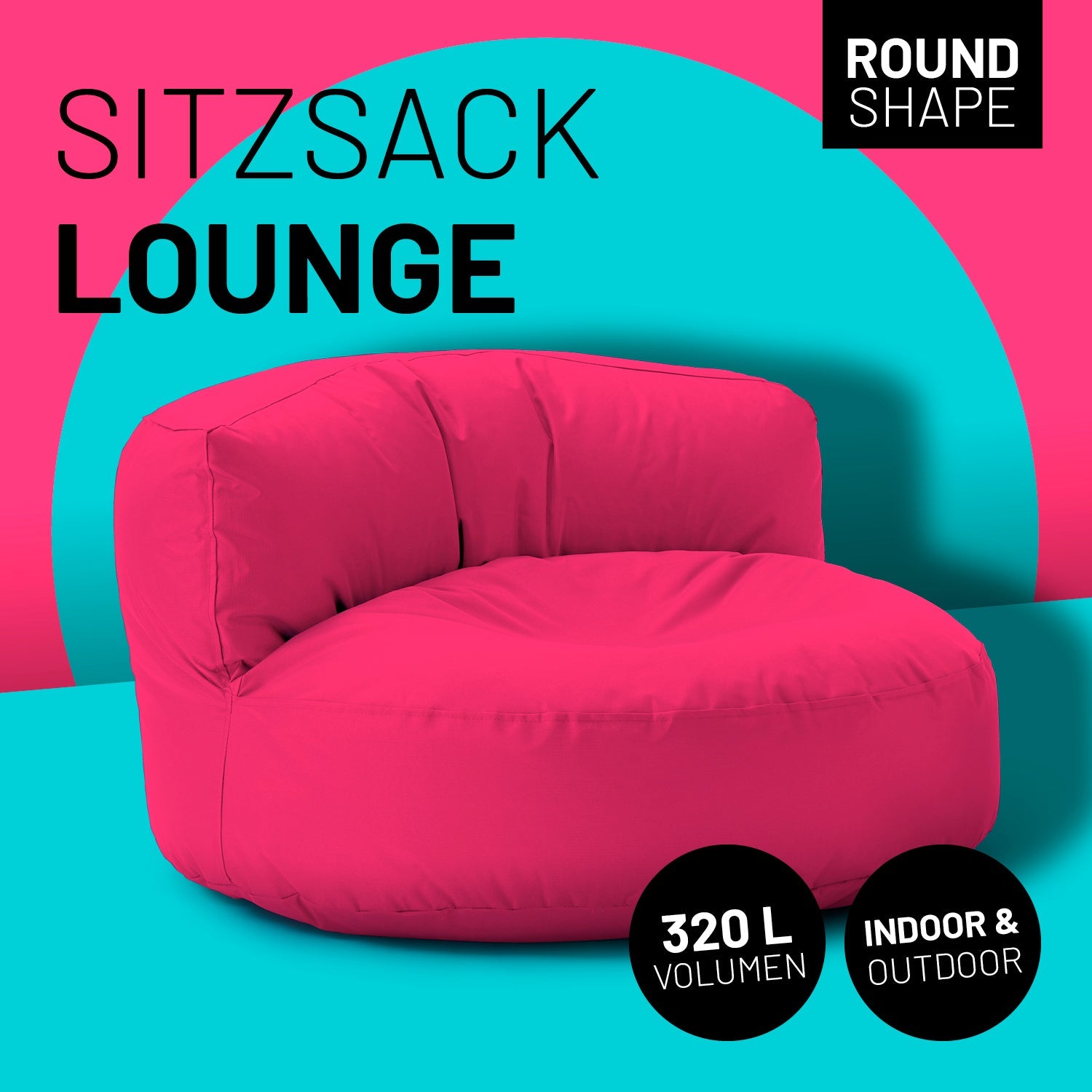 Lounge Sitzsack-Sofa in Pink mit Icon "Round Shape", "320 L Volumen" und "Indoor & Outdoor".